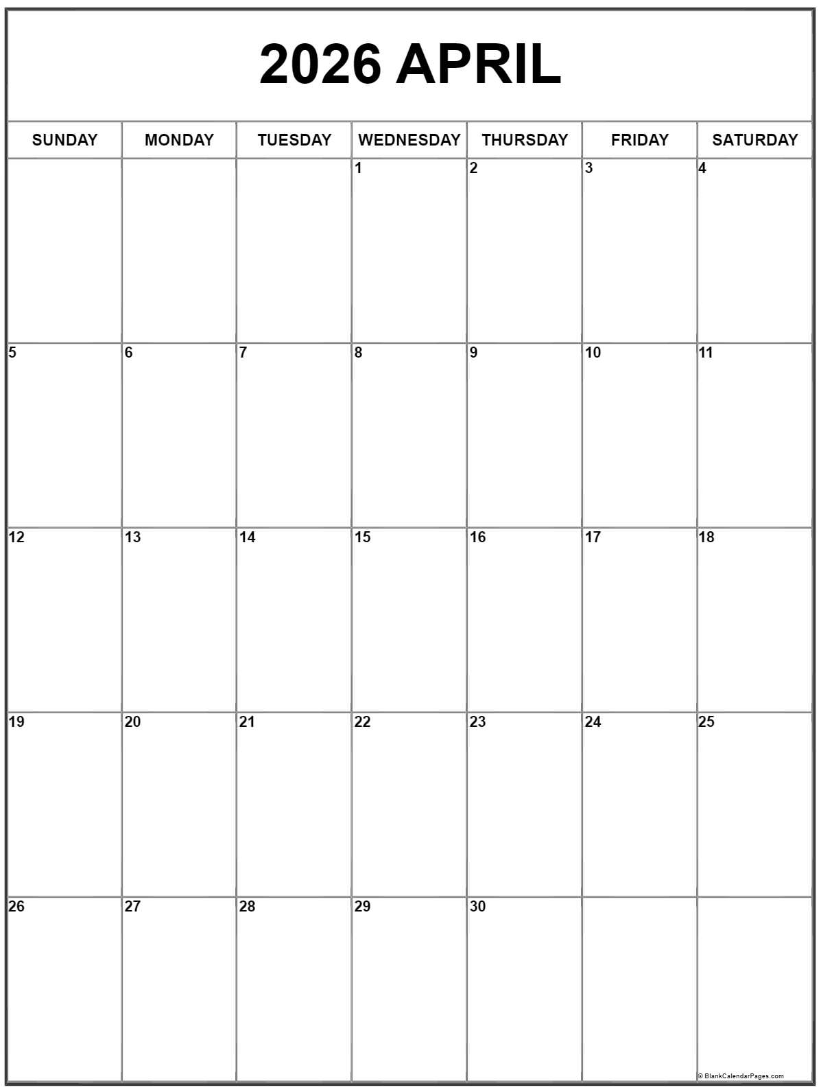 April 2026 Vertical Calendar Portrait