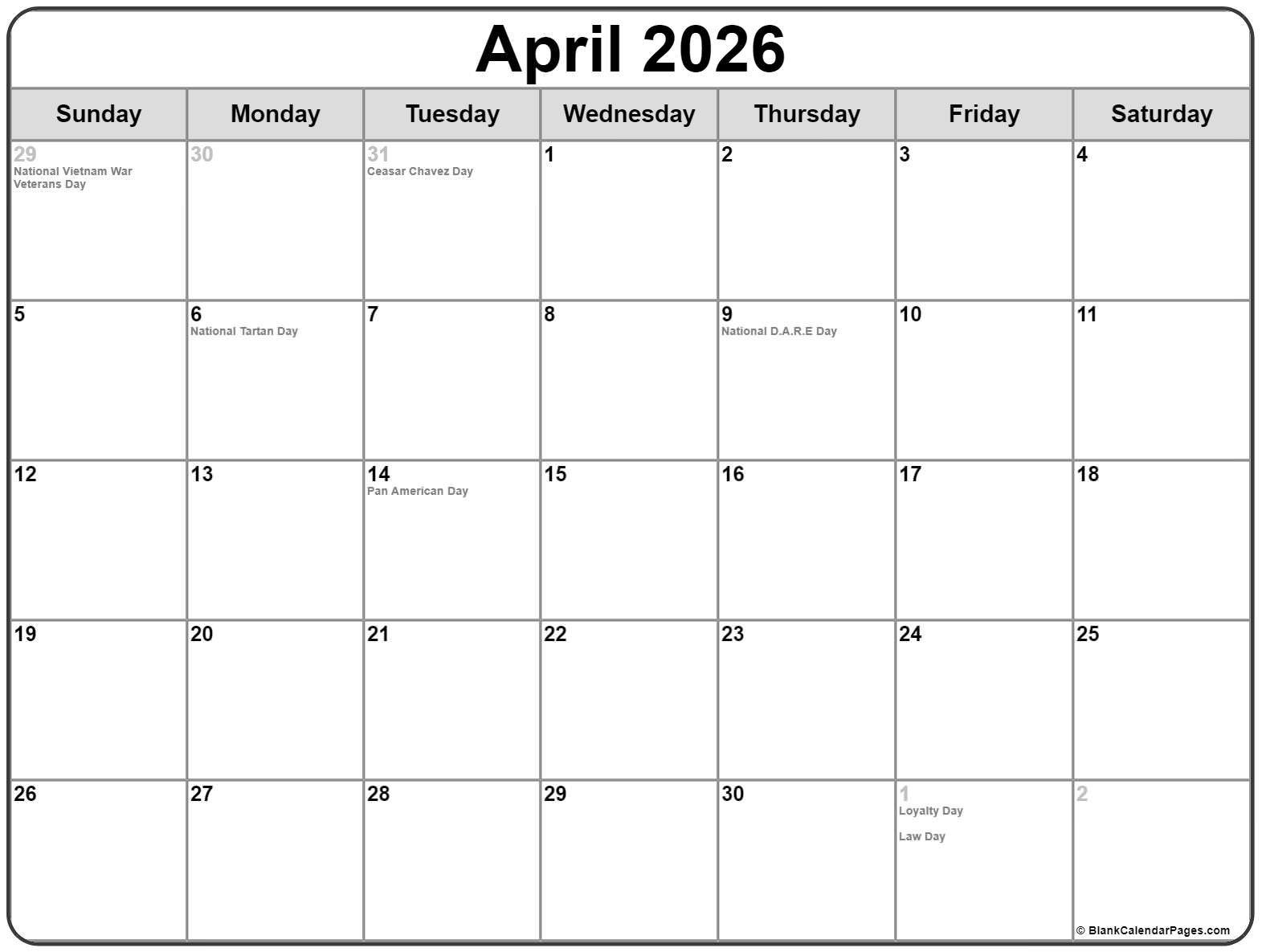 April 2026 With Holidays Calendar