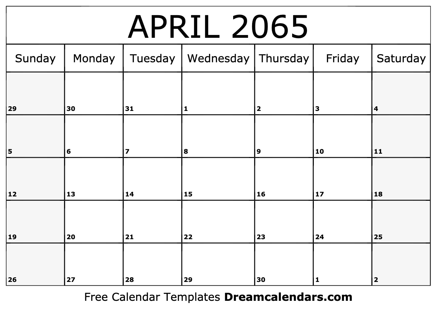 April 2065 Calendar Free Printable With Holidays And Observances