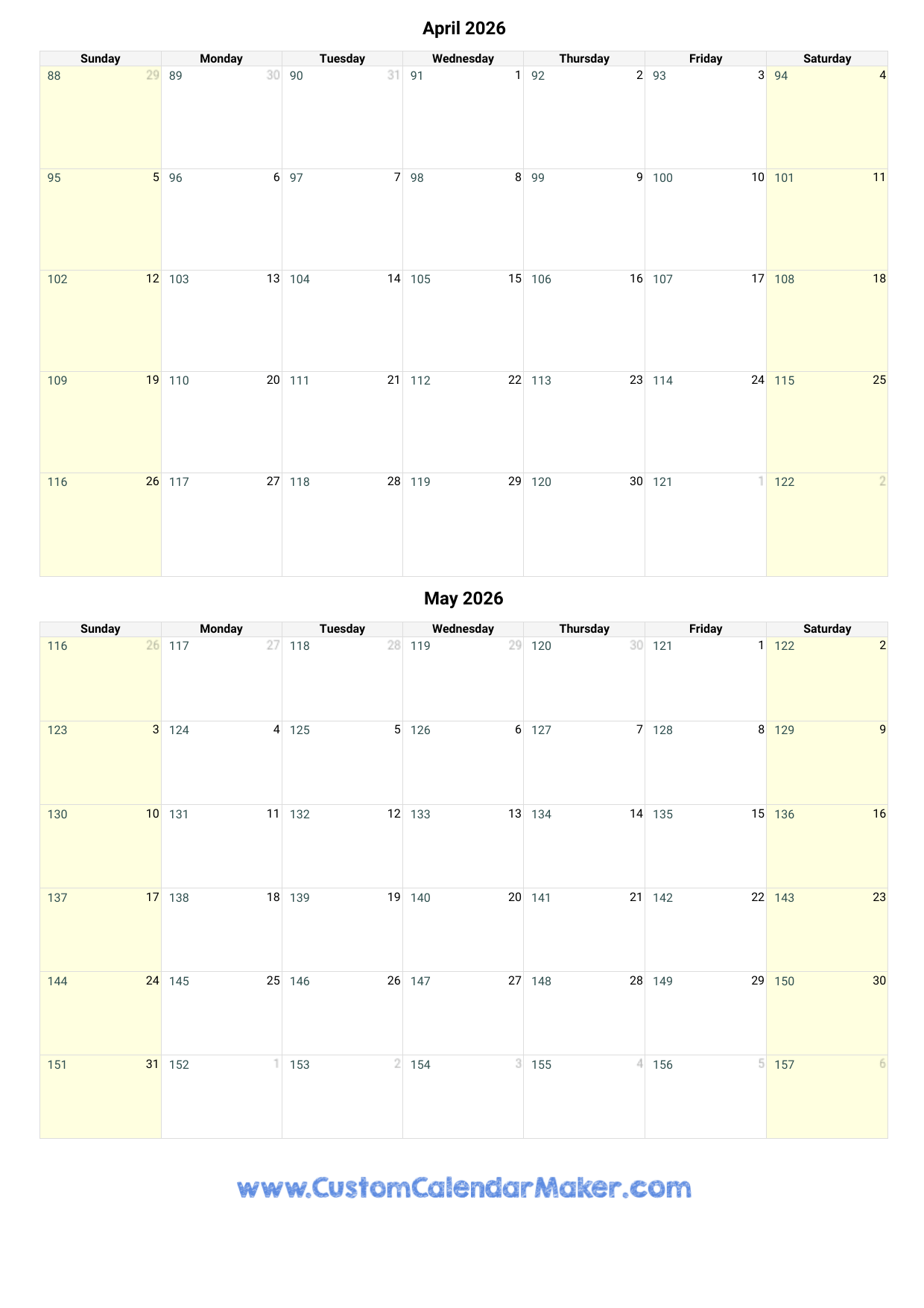 April And May 2026 Calendar Custom Calendar Maker
