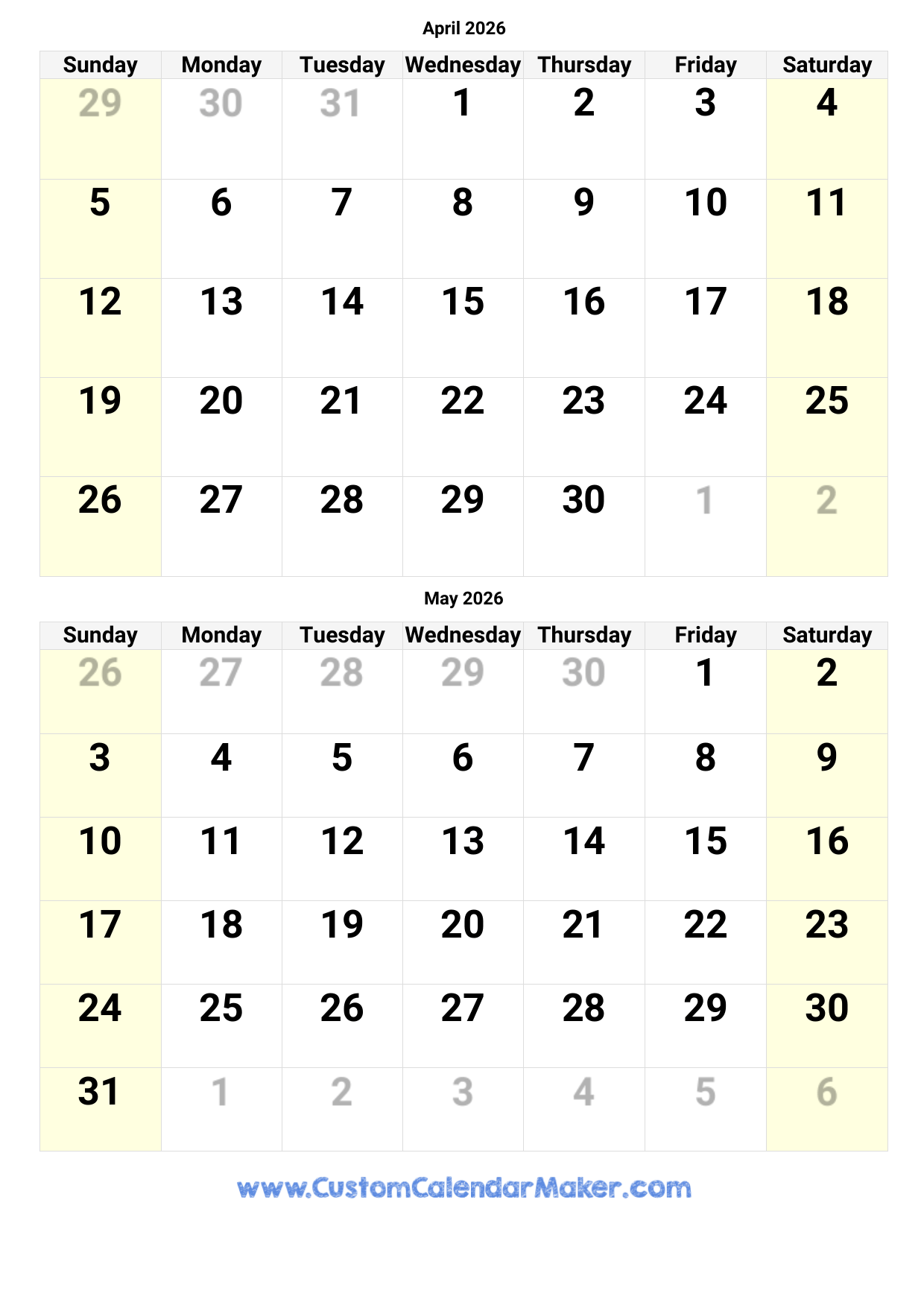 April 2026 Calendar Big Numbers