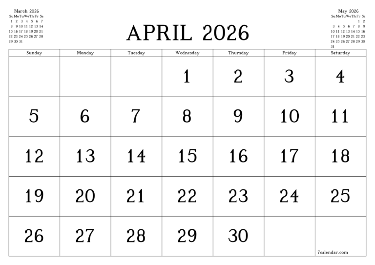 April Calendar 2026 Printable Template 7calendar