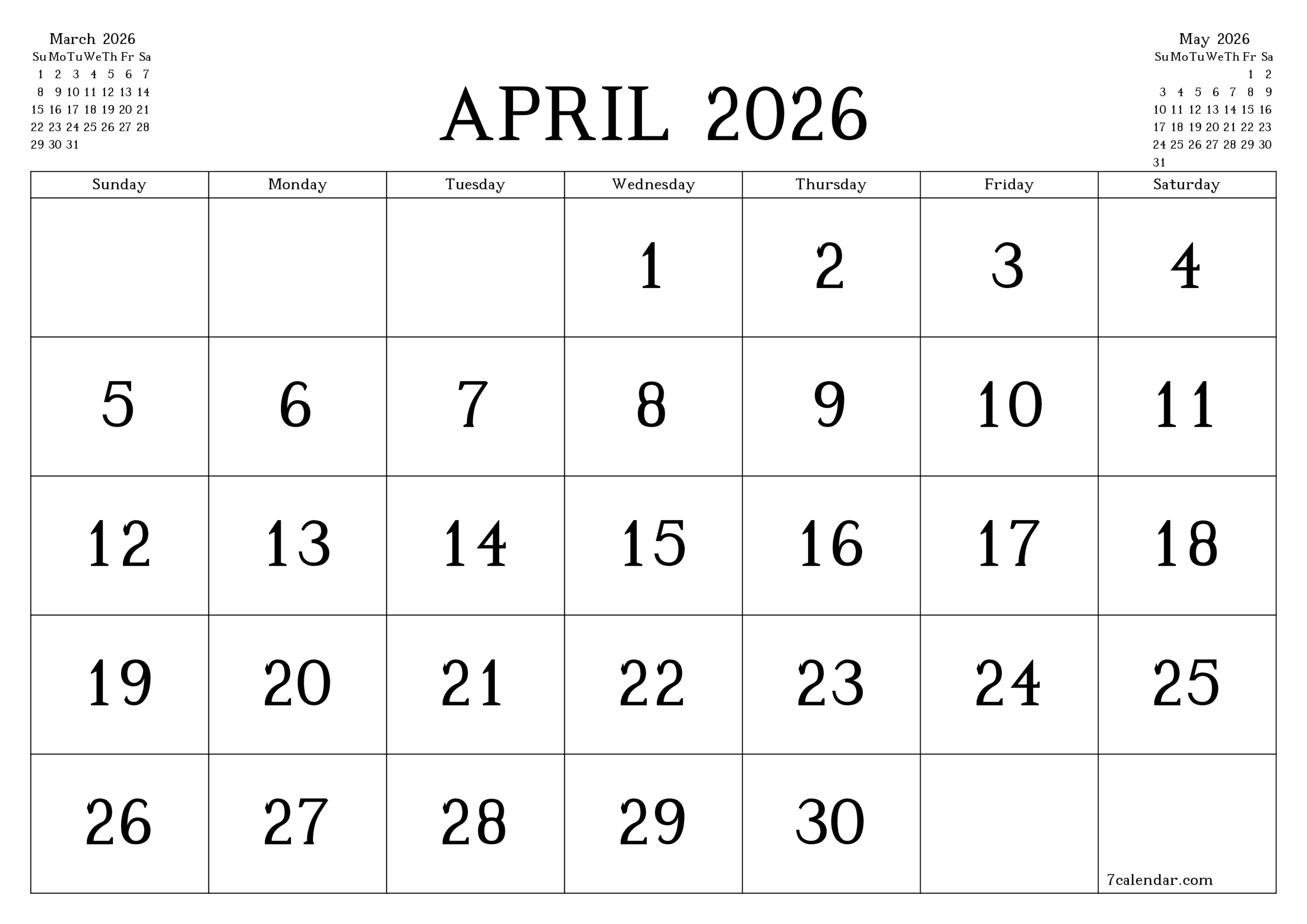 Free Printable Weekly Calendar April 2026