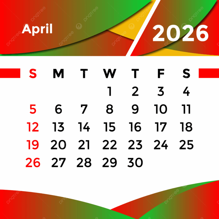April Month Calendar 2026 Vector Template Download On Pngtree
