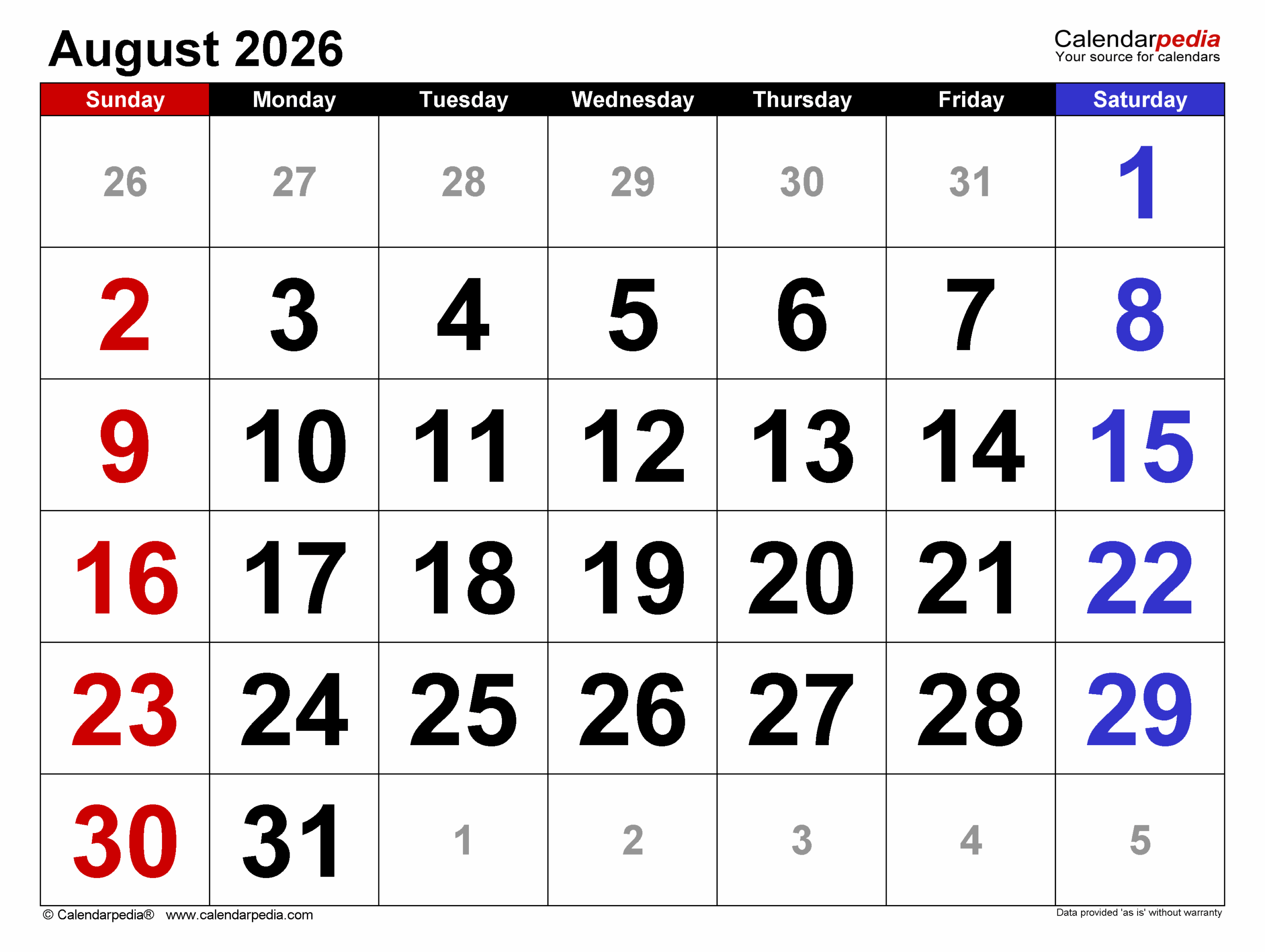 Calendar August 2026 Through May 2026