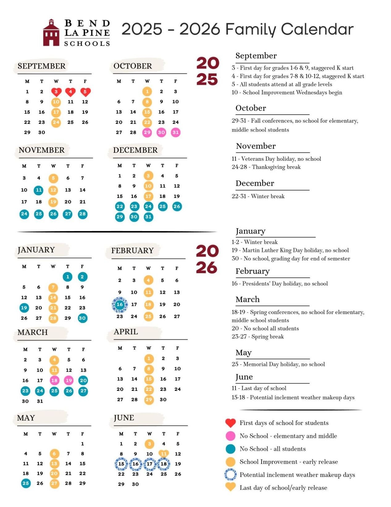Bend La Pine 2025 26 Calendar Includes Big Change Local News Centraloregondaily
