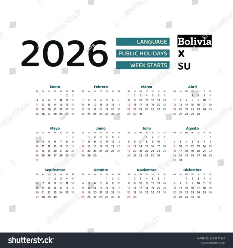 Bolivia Calendar 2026 Week Starts Sunday 2235877245 Shutterstock