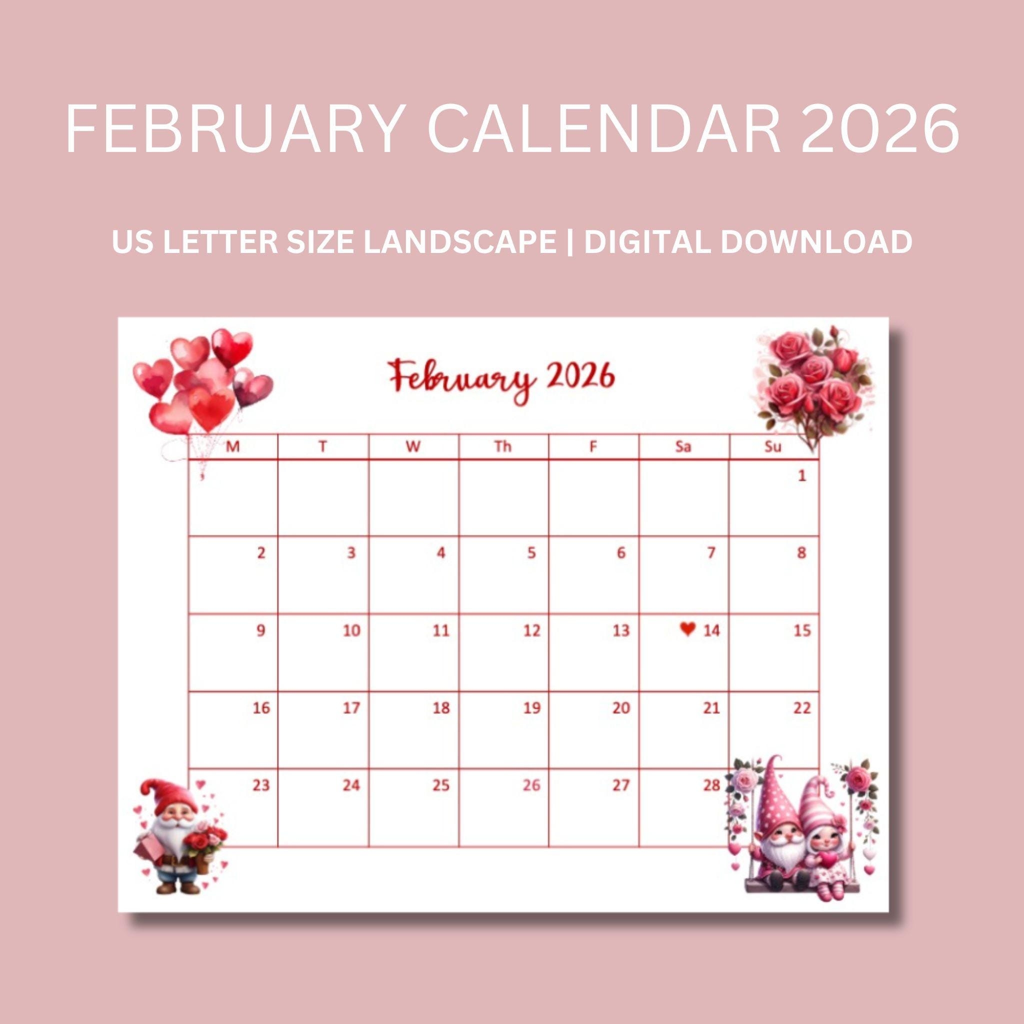 Buy February Calendar 2026 February Calendar Downloadable Calendar 2026 Valentines Day Calendar Valentines Day Gnome Monday Start Calendar Online In India Etsy