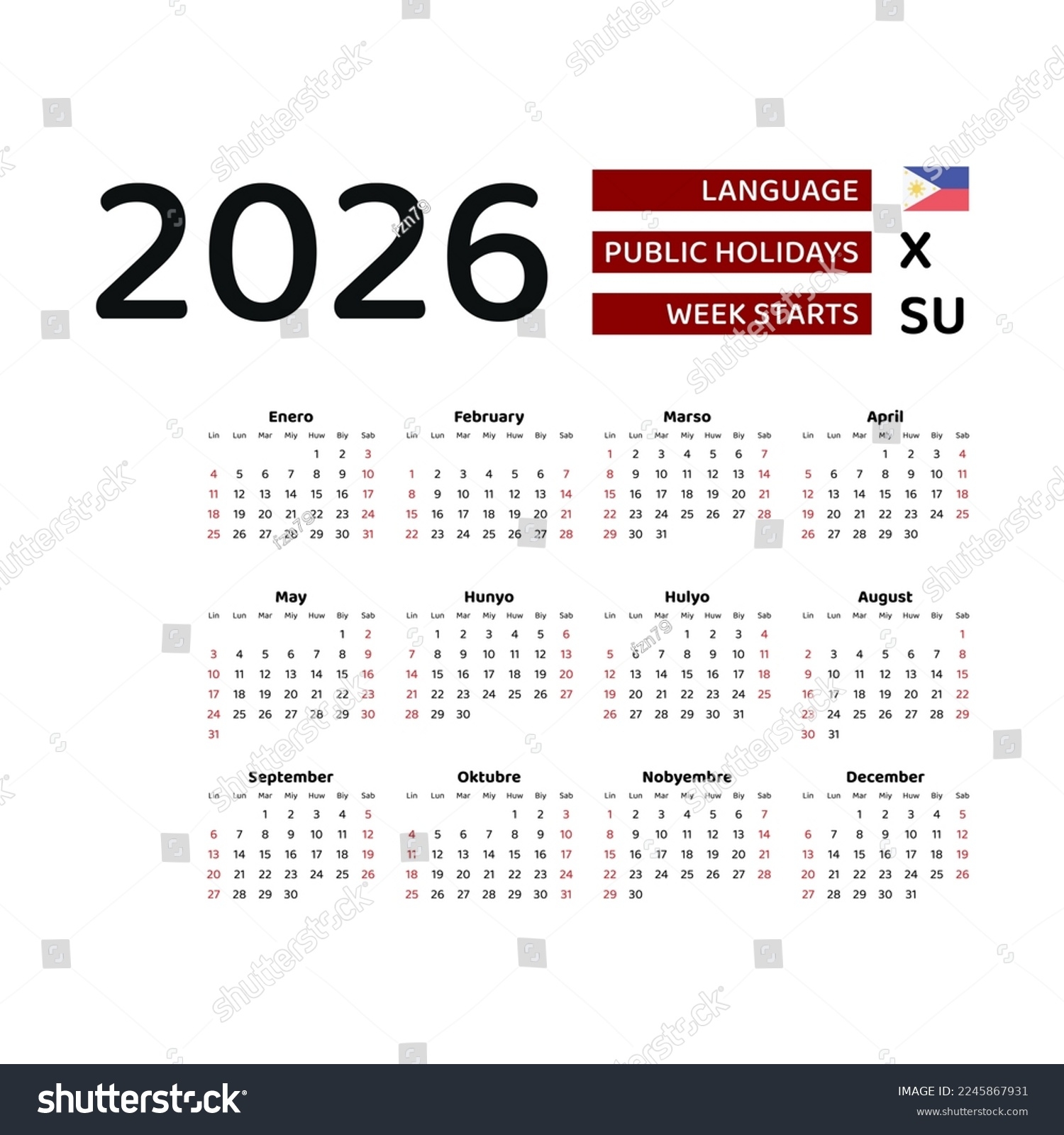 Calendar 2026 Filipino Language Philippines Public Stock Vector Royalty Free 2245867931 Shutterstock