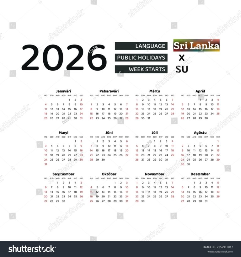 Calendar 2026 Sinhala Language Sri Lanka Stock Vector Royalty 