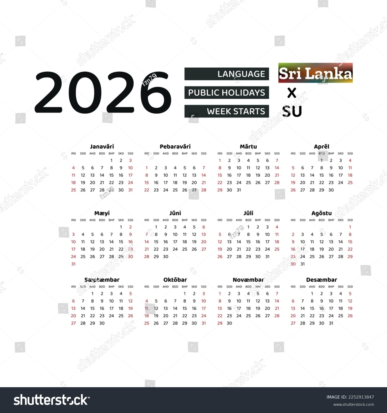 Calendar 2026 Sinhala Language Sri Lanka Stock Vector Royalty 