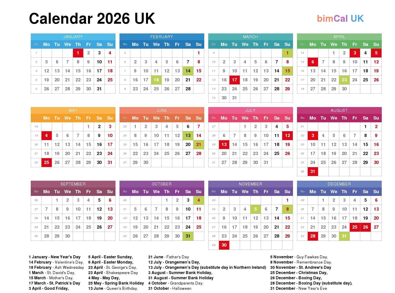Calendar 2026 UK BimCal uk 