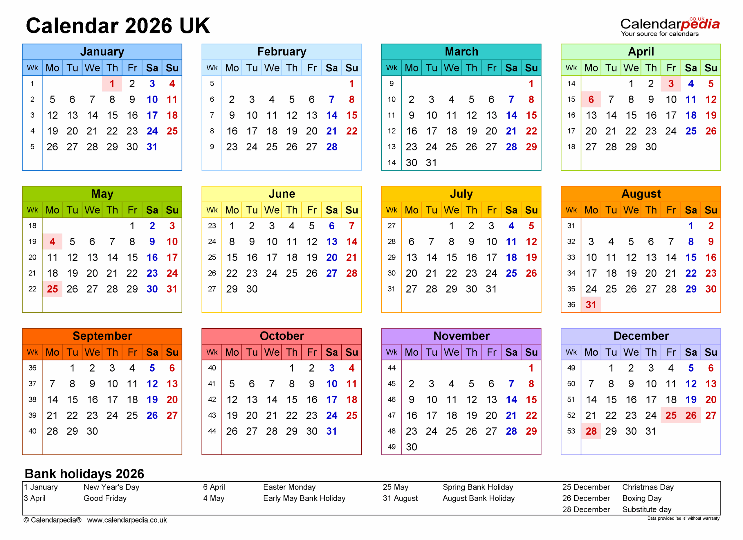 Calendar 2026 UK Free Printable Microsoft Excel Templates
