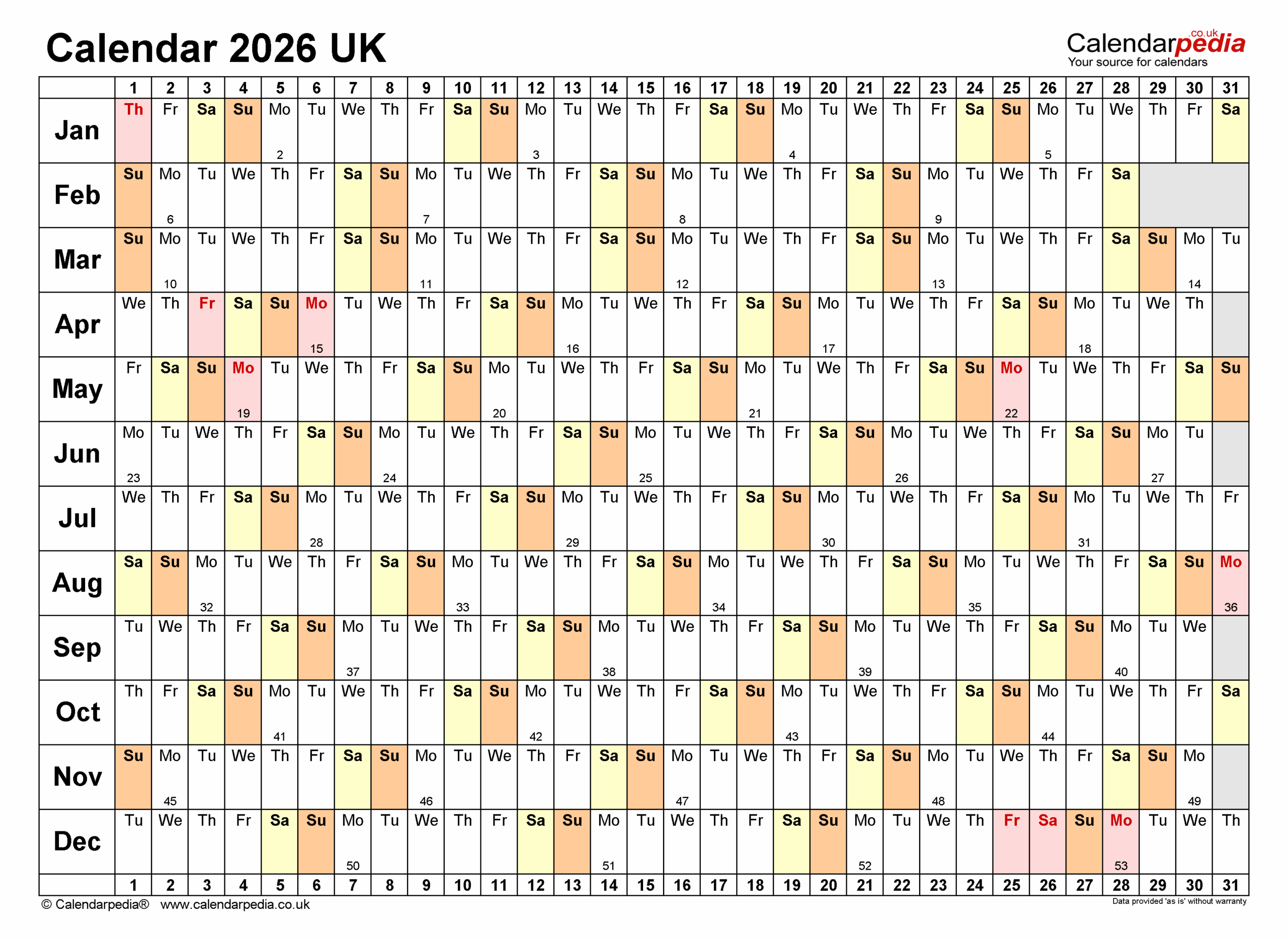 Calendar 2026 UK Free Printable Microsoft Excel Templates