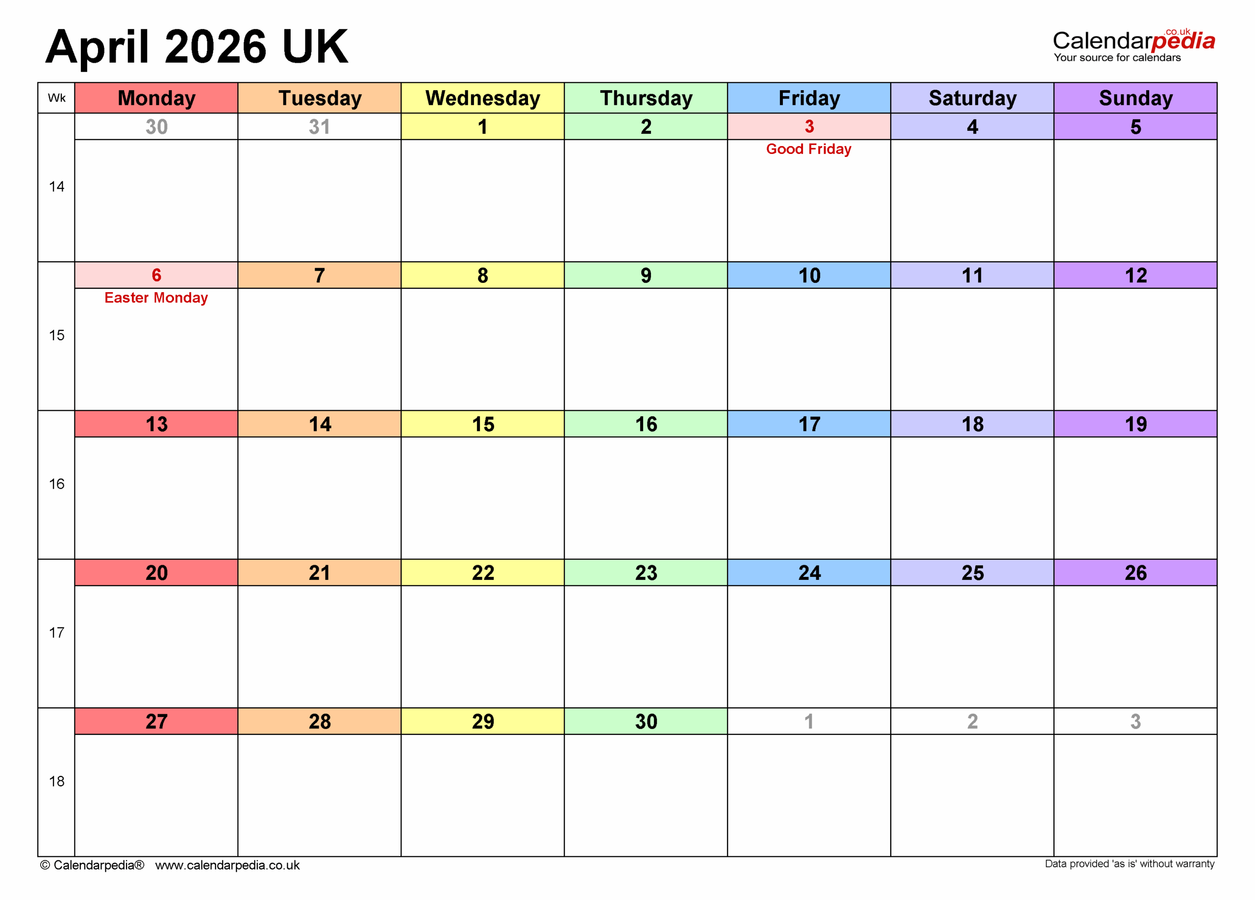 Daily Sheet Calendar April 2026