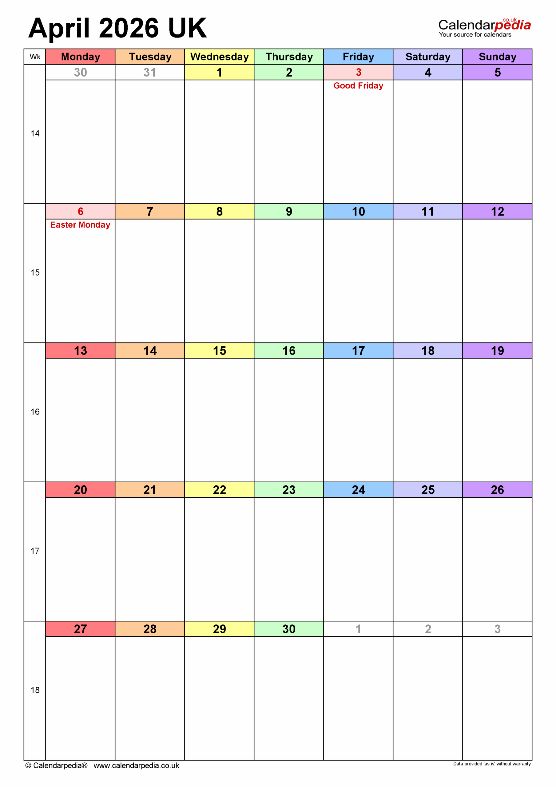 April Calendar 2026 Excel