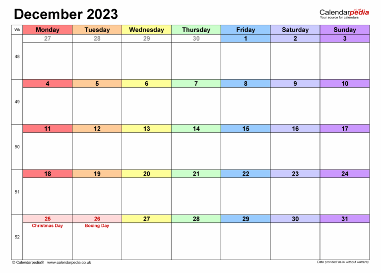 Calendar December 2023 UK With PDF Excel And Word Templates
