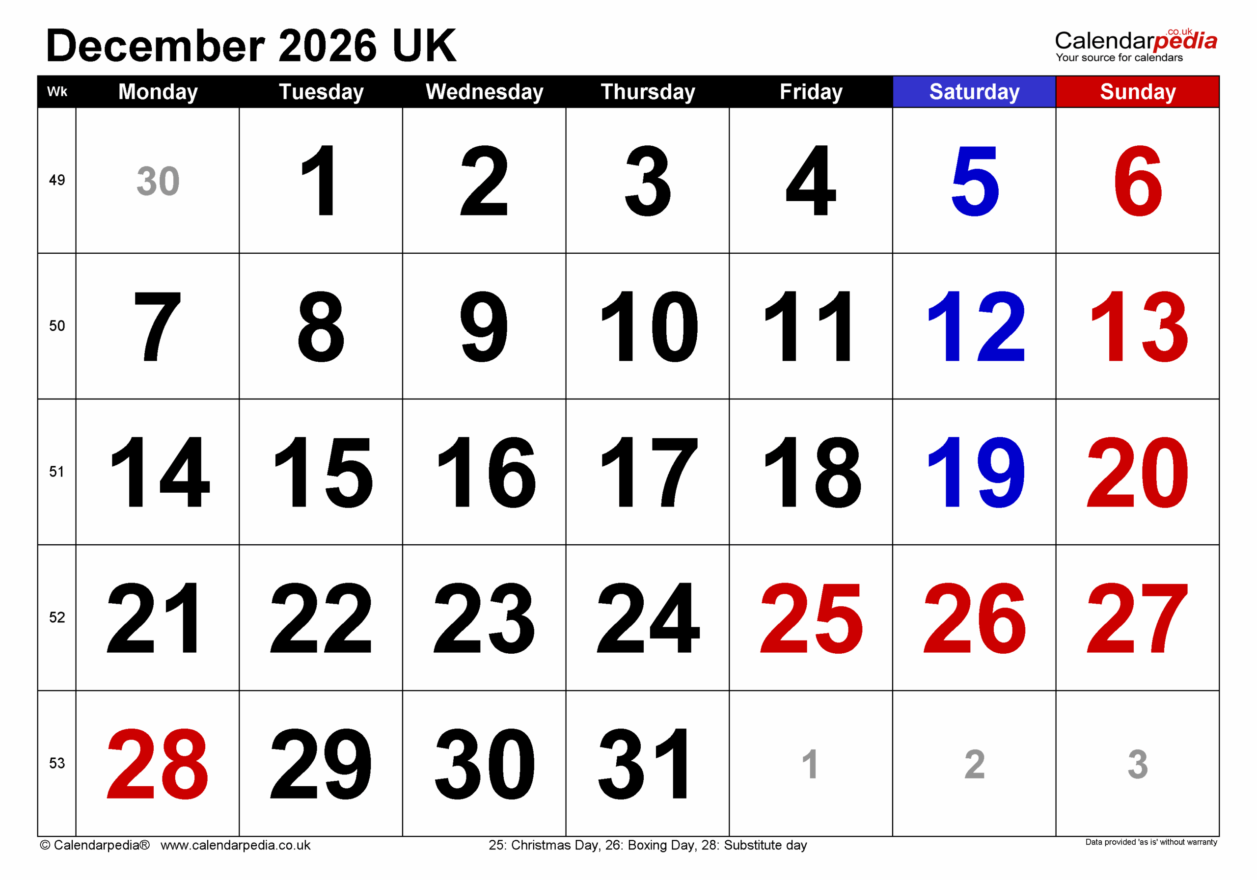 Calendar December 2026 UK With PDF Excel And Word Templates