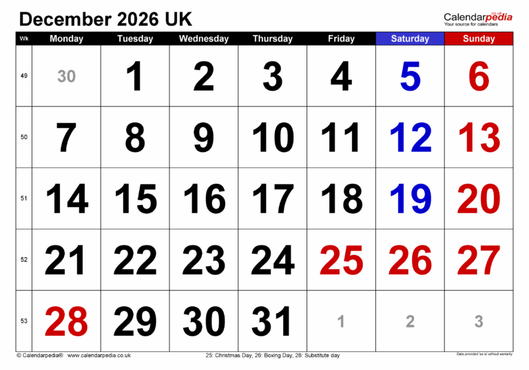Calendar December 2026 UK With PDF Excel And Word Templates