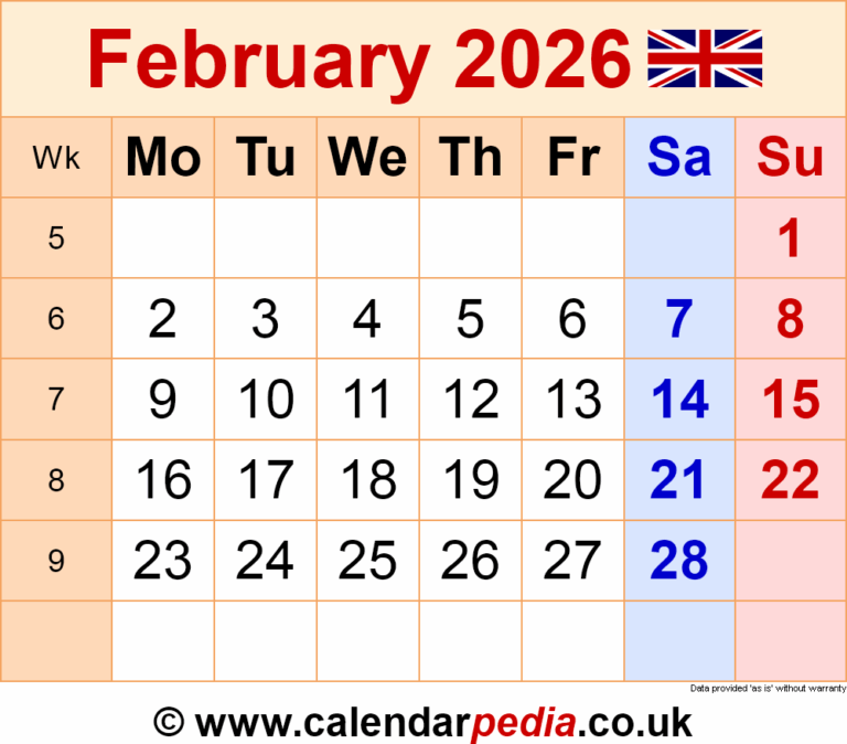 Calendar February 2026 UK With PDF Excel And Word Templates