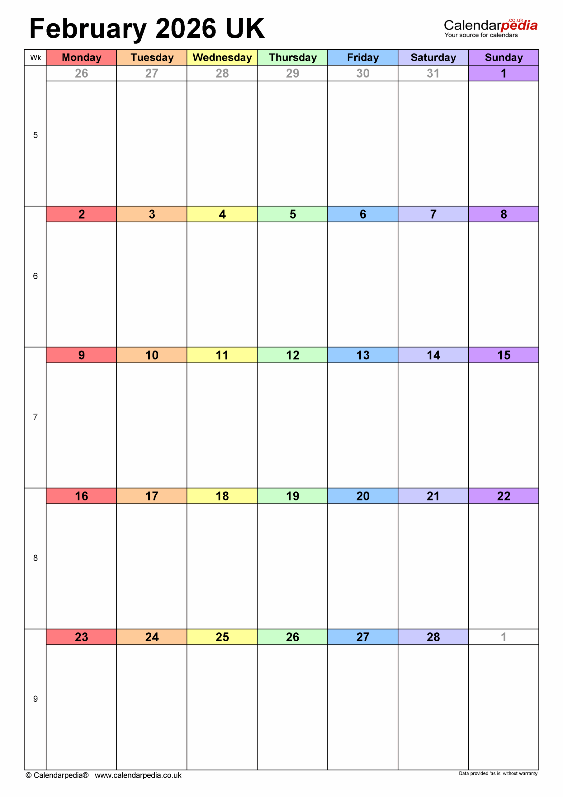 Calendar February 2026 Word