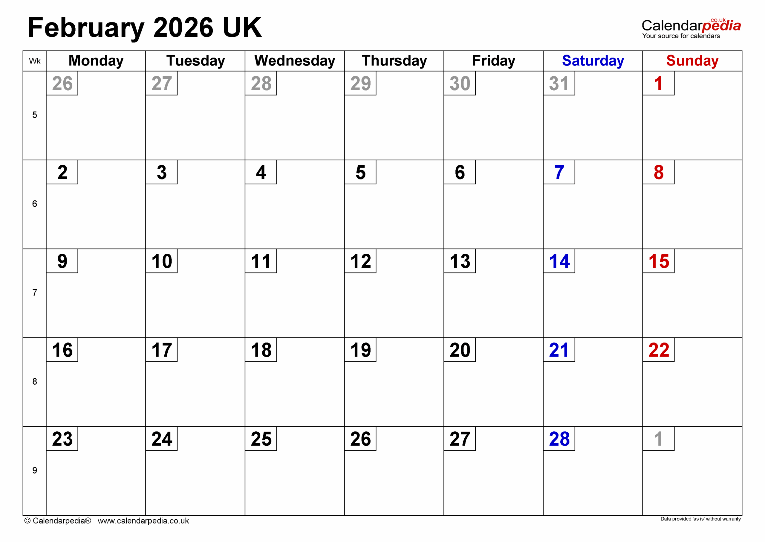 Calendar February 2026 UK With PDF Excel And Word Templates