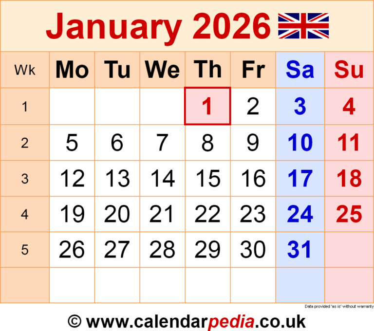 Calendar January 2026 UK With PDF Excel And Word Templates