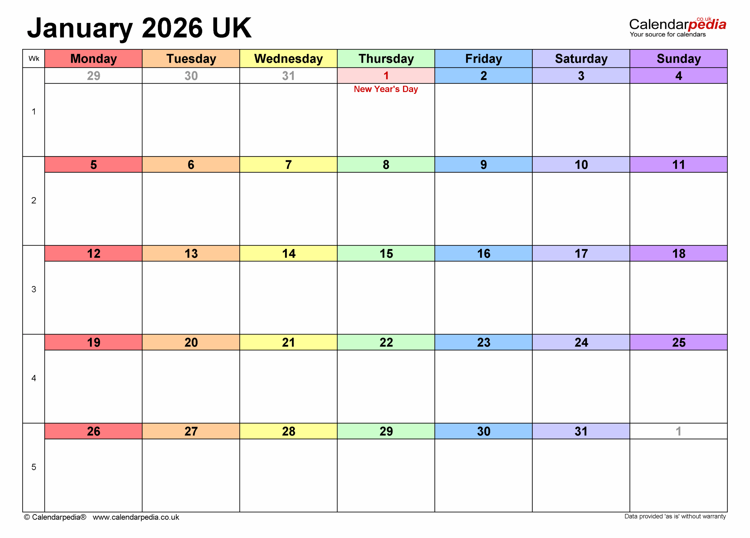 Calendar January 2026 UK With PDF Excel And Word Templates