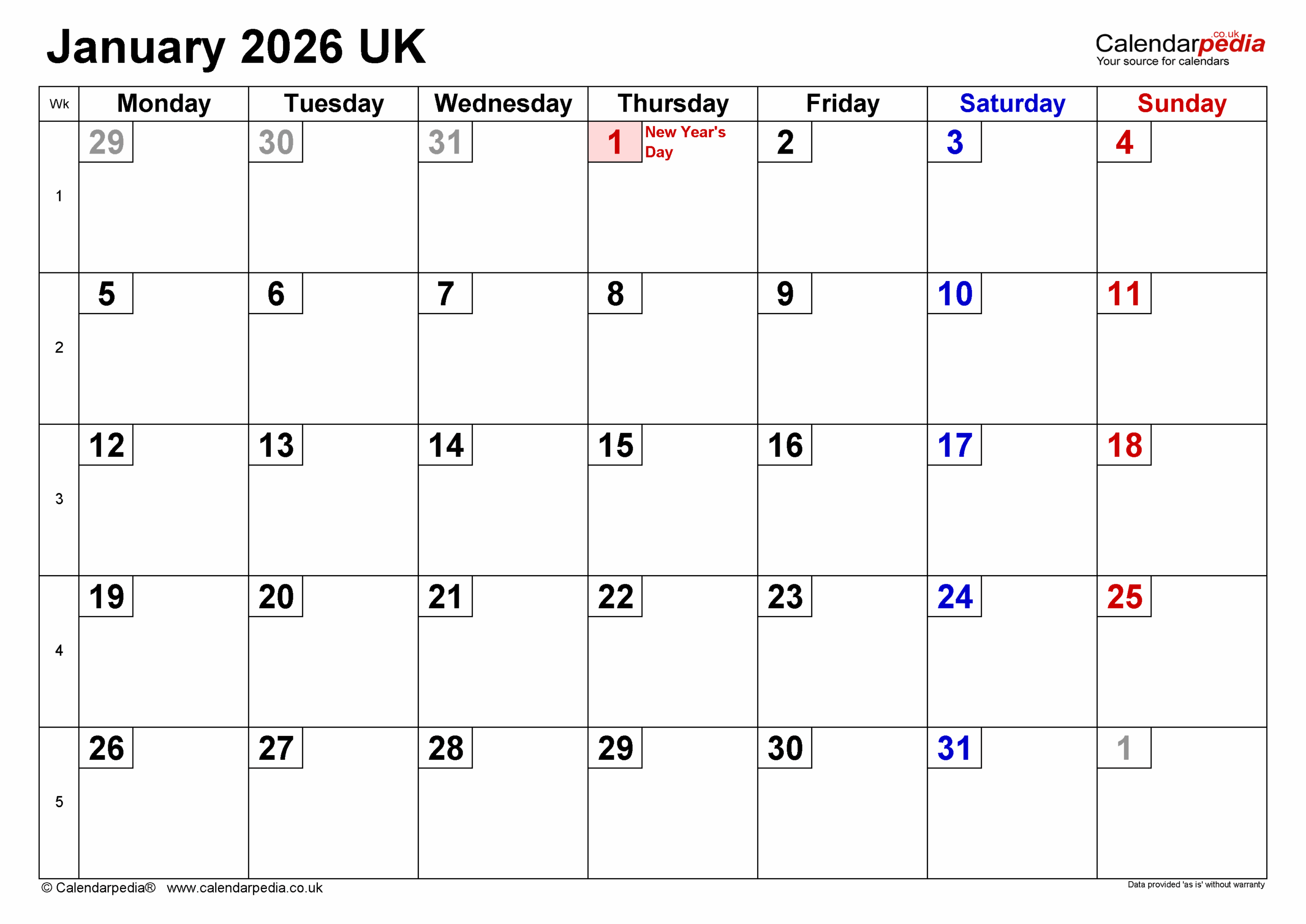 Calendar January 2026 UK With PDF Excel And Word Templates