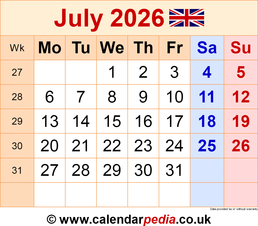 Calendar July 2026 UK With PDF Excel And Word Templates