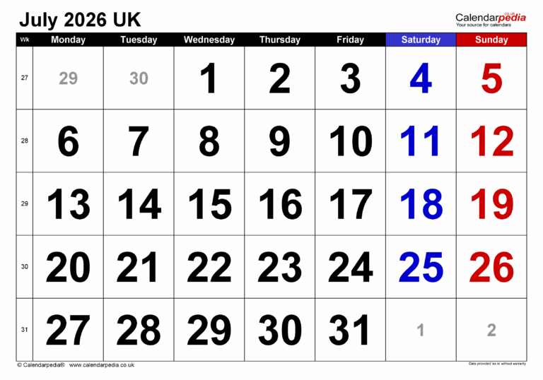 Calendar July 2026 UK With PDF Excel And Word Templates
