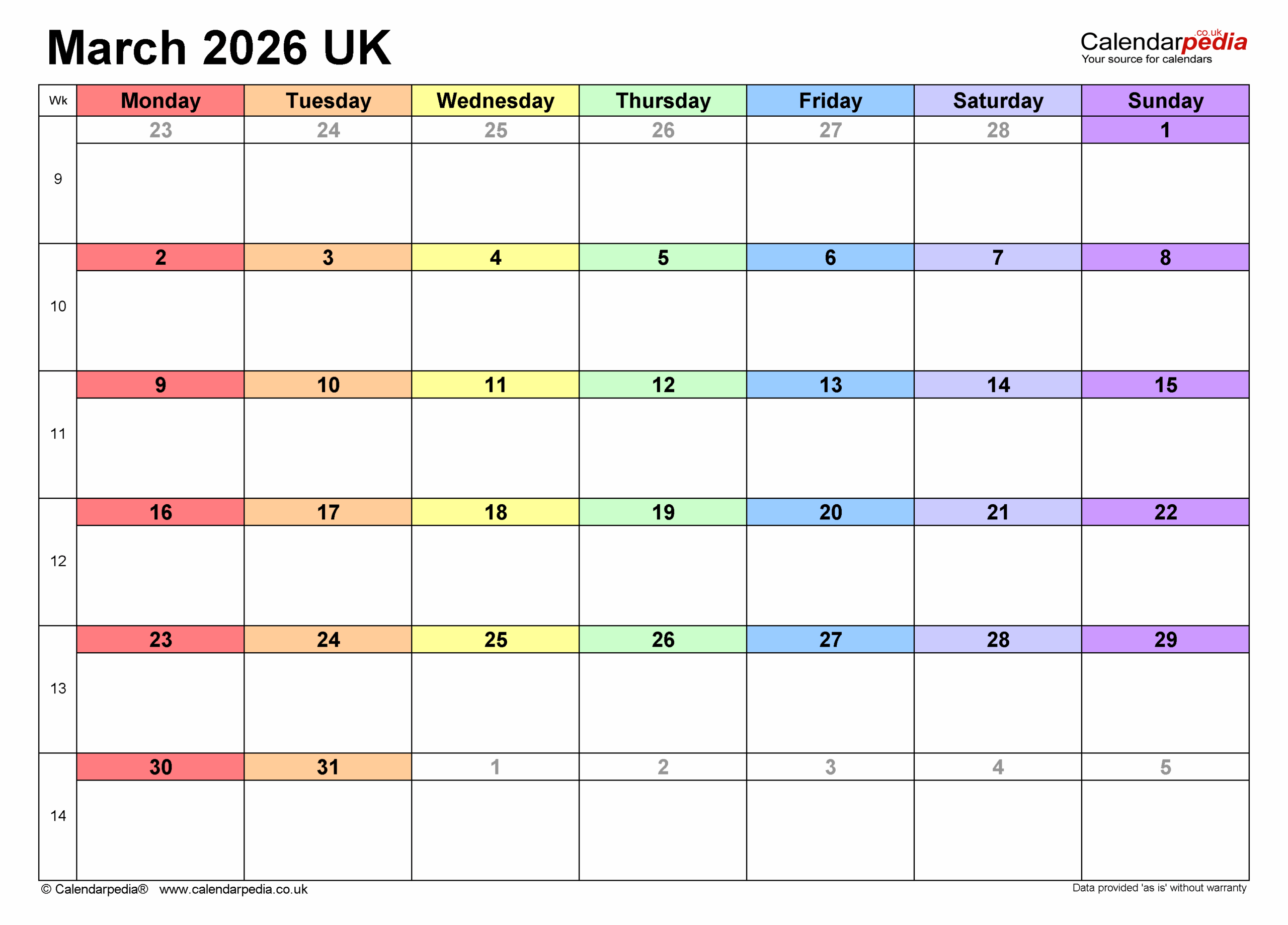 2026 March Calendar Excel