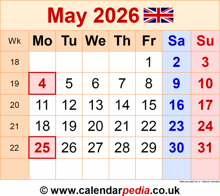 Calendar May 2026 UK With PDF Excel And Word Templates