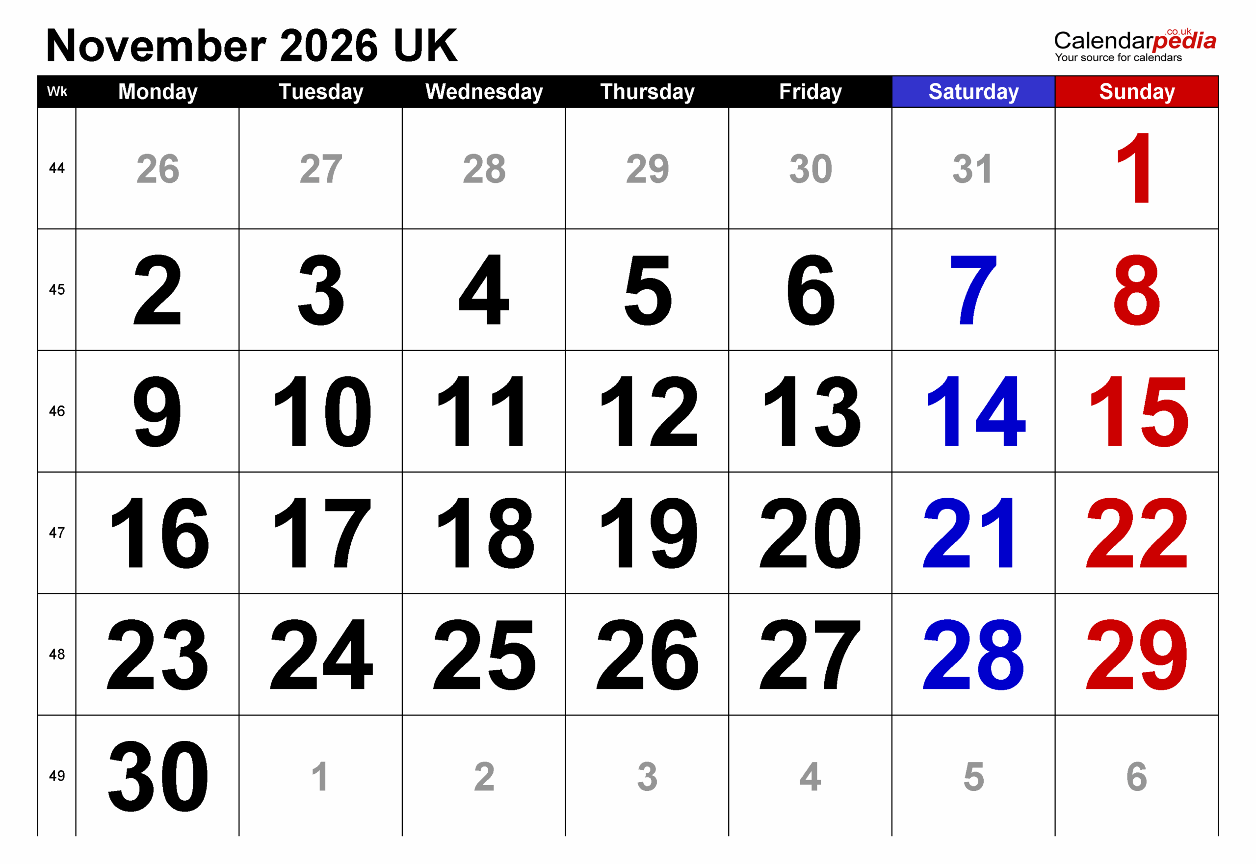 Calendar November 2026 UK With PDF Excel And Word Templates