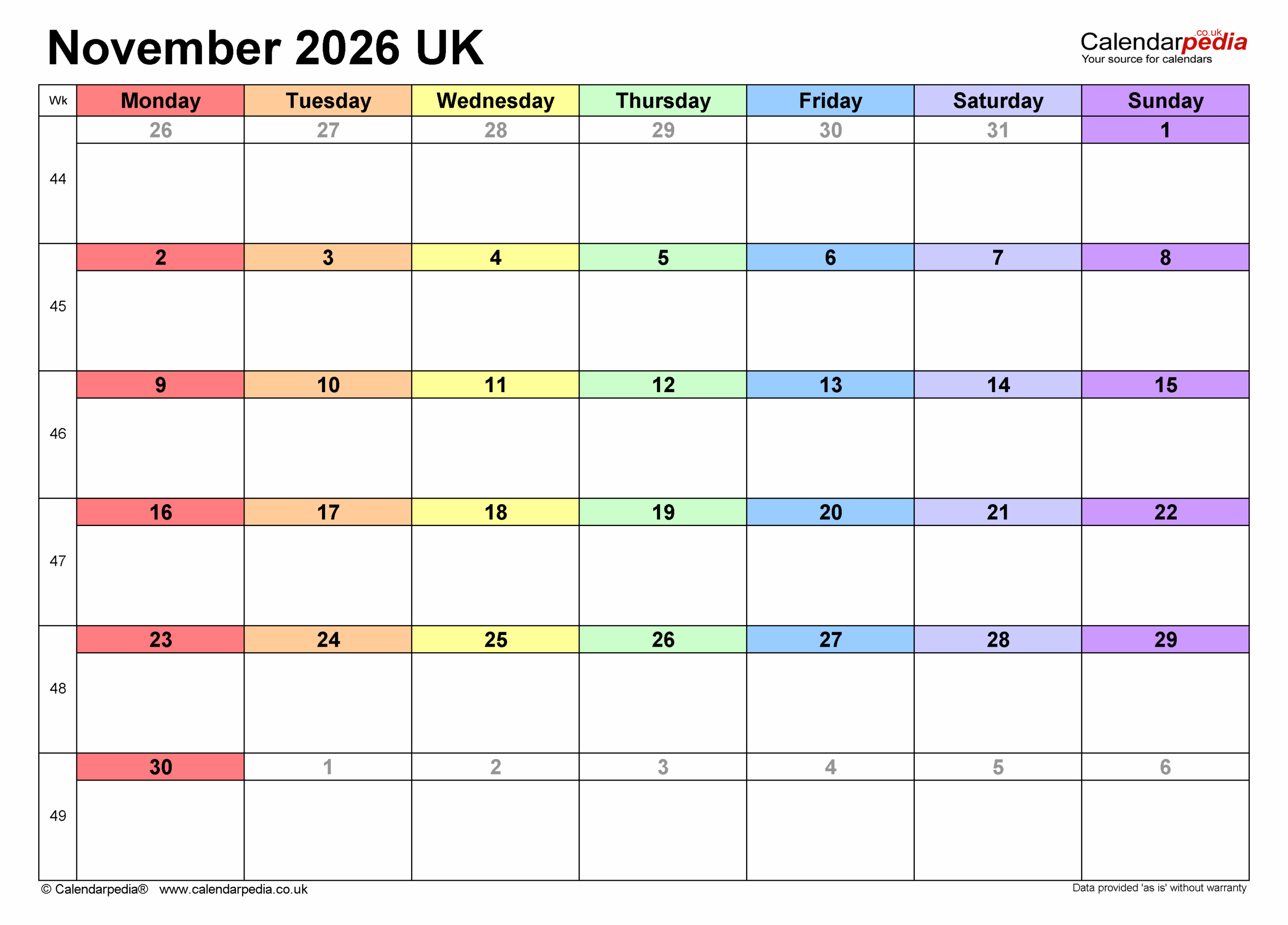 Calendar November 2026 UK With PDF Excel And Word Templates