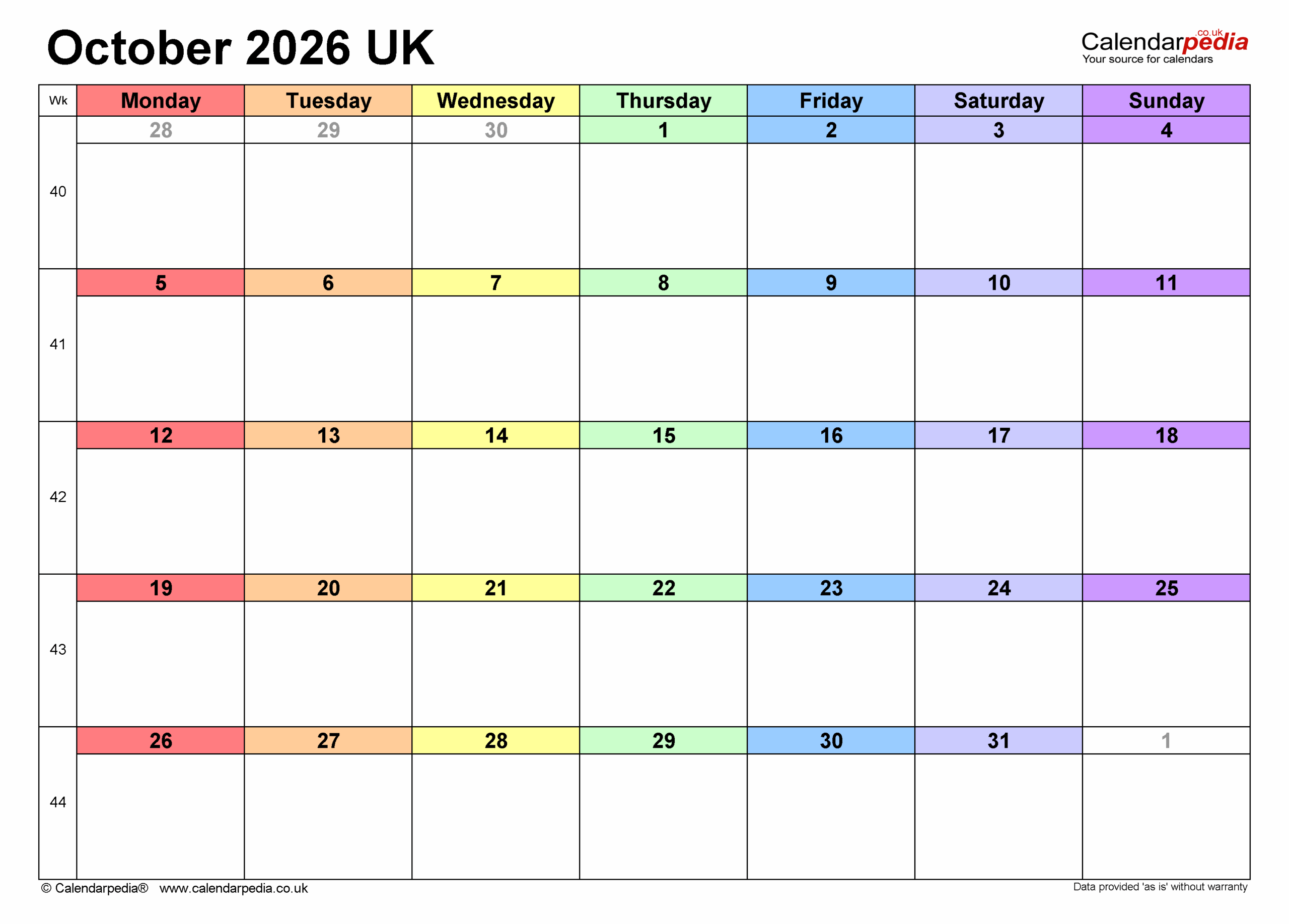 Calendar October 2026 UK With PDF Excel And Word Templates