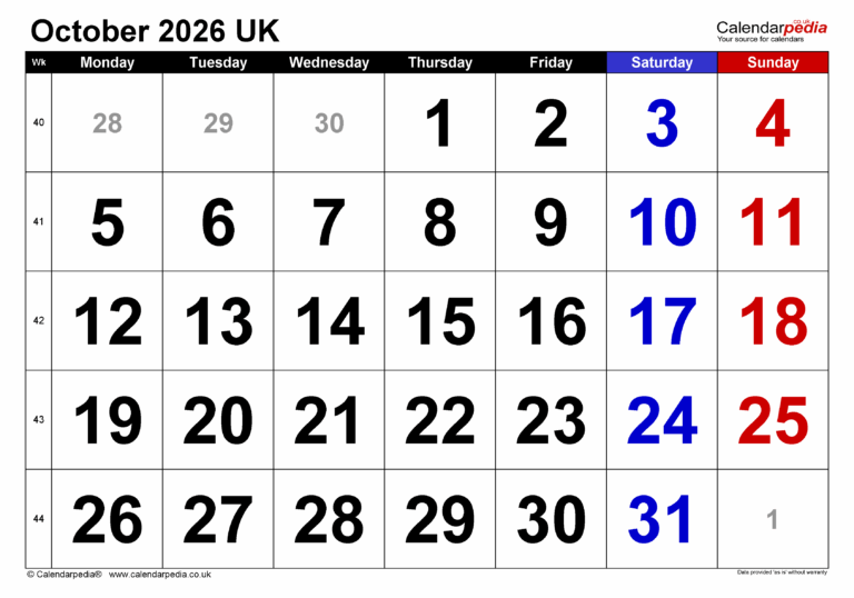 Calendar October 2026 UK With PDF Excel And Word Templates