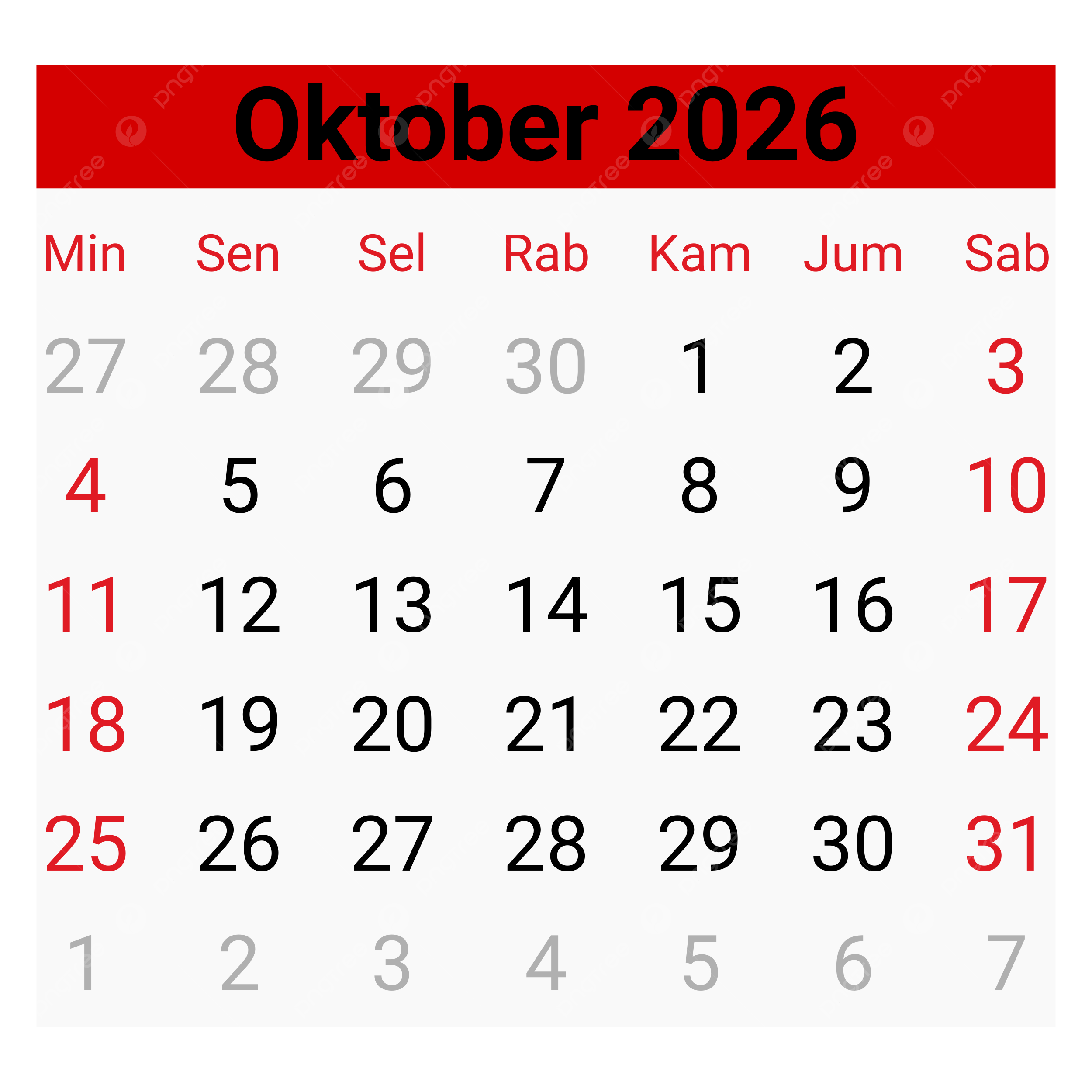 Calendar October 2026 Vector Calendar October 2026 Calendar October 2026 Red Design Calendar October 2026 In Indonesian PNG And Vector With Transparent Background For Free Download