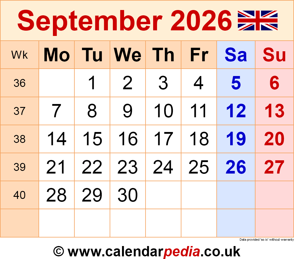 Calendar September 2026 UK With PDF Excel And Word Templates