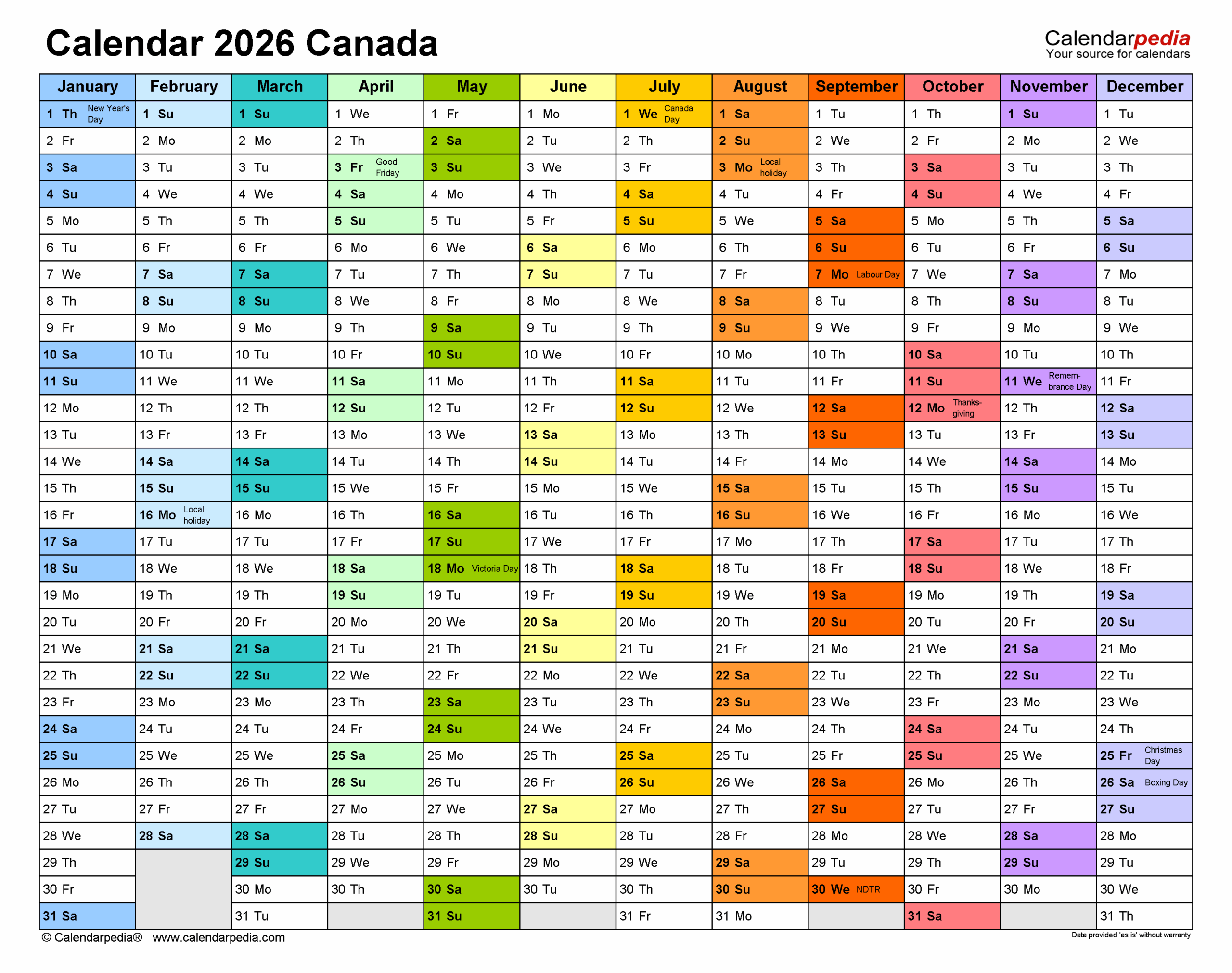 Canada Calendar 2026 Free Printable PDF Templates
