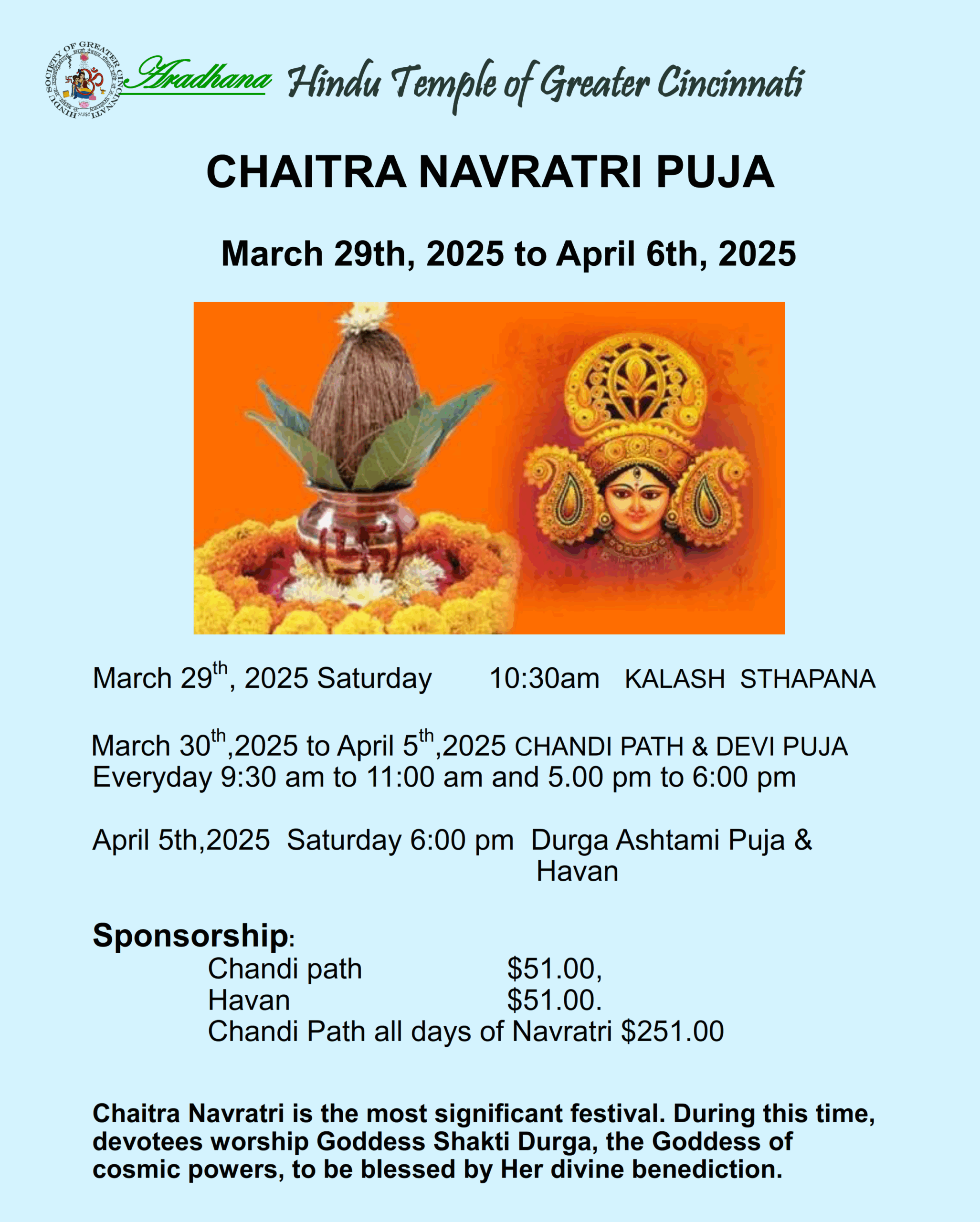 Chaitra Navratri PujaMarch 29 To April 6 2025 Hindu Temple Of 