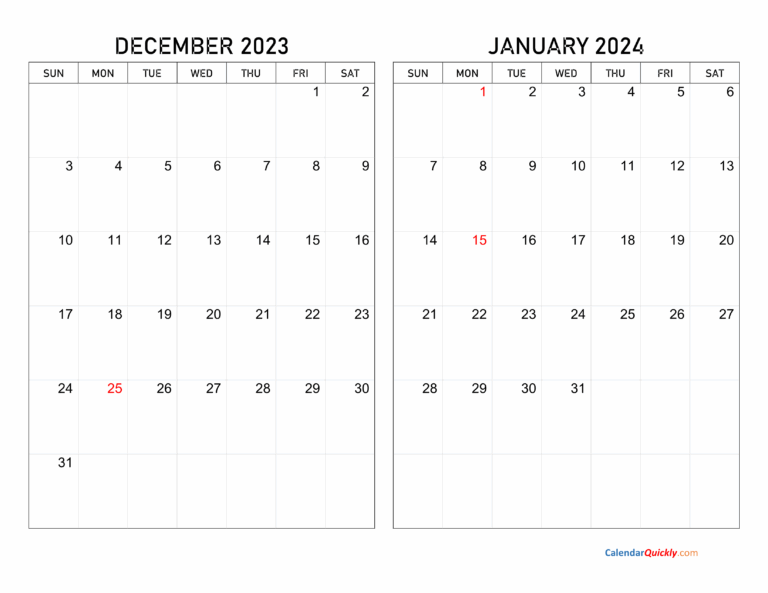 December 2023 And January 2024 Calendar Calendar Quickly