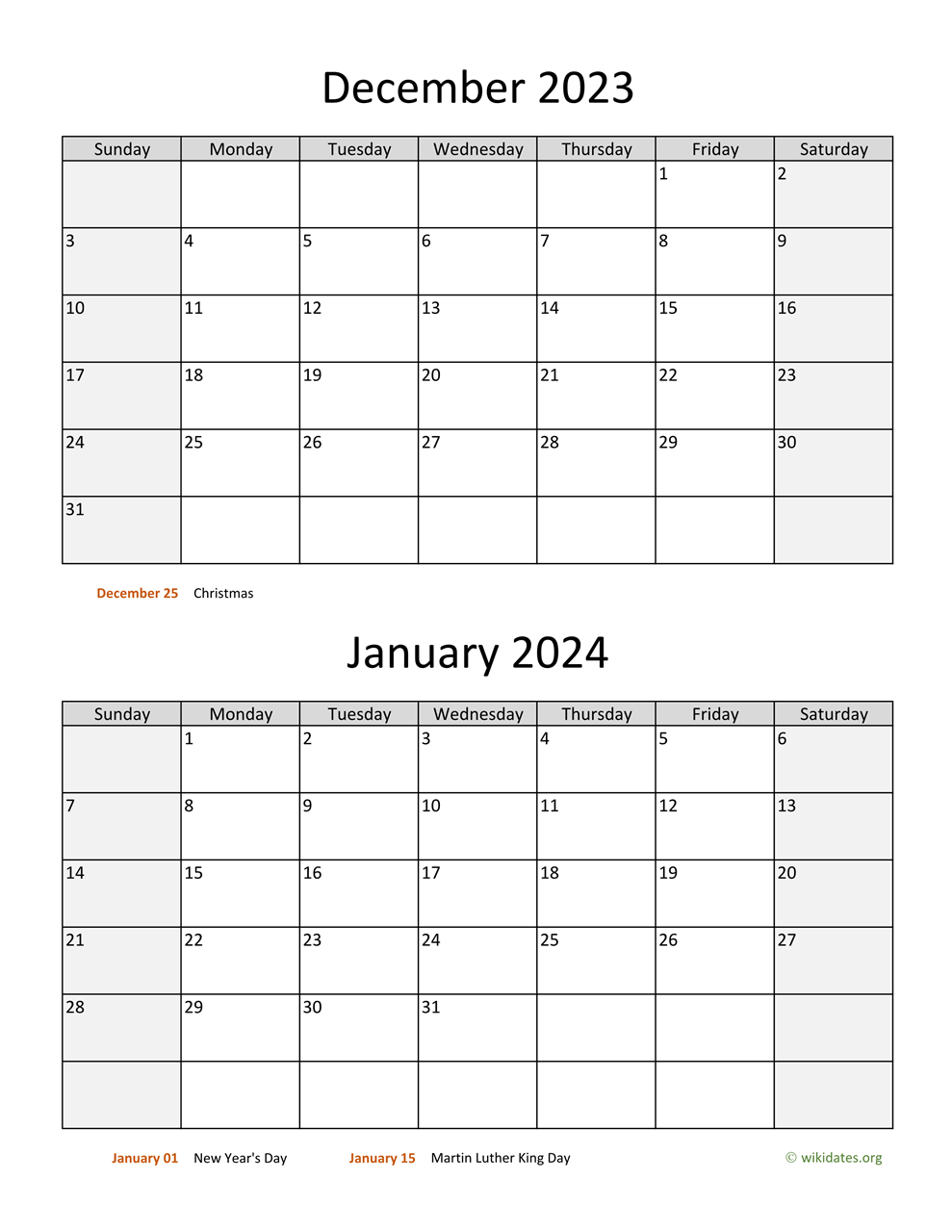 December 2023 And January 2026 Calendar With Holidays