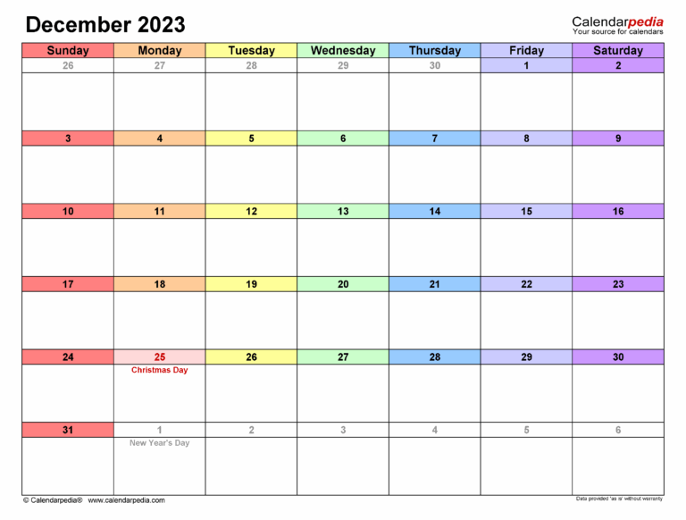 December 2023 Calendar Templates For PDF Excel And Word