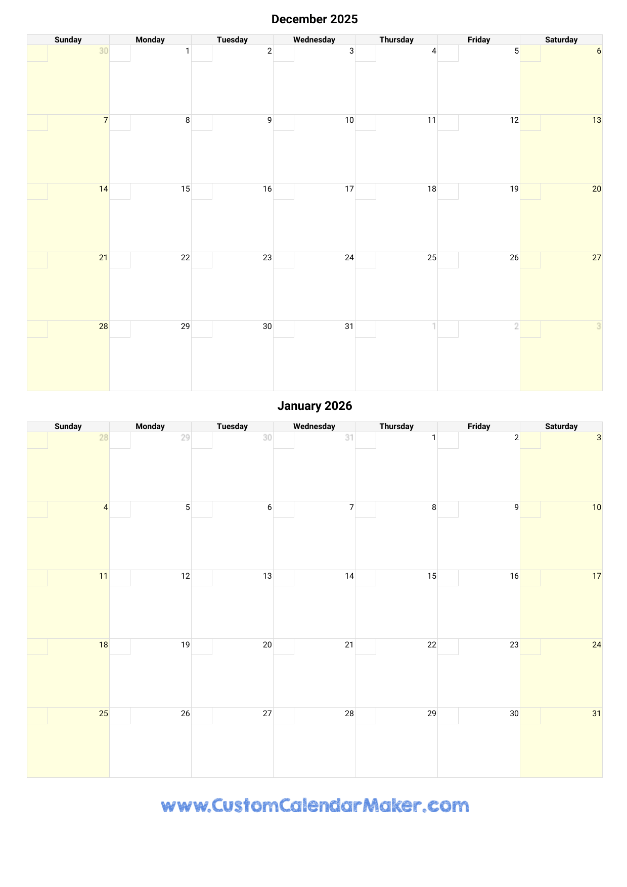 December 2025 And January 2026 Calendar Custom Calendar Maker