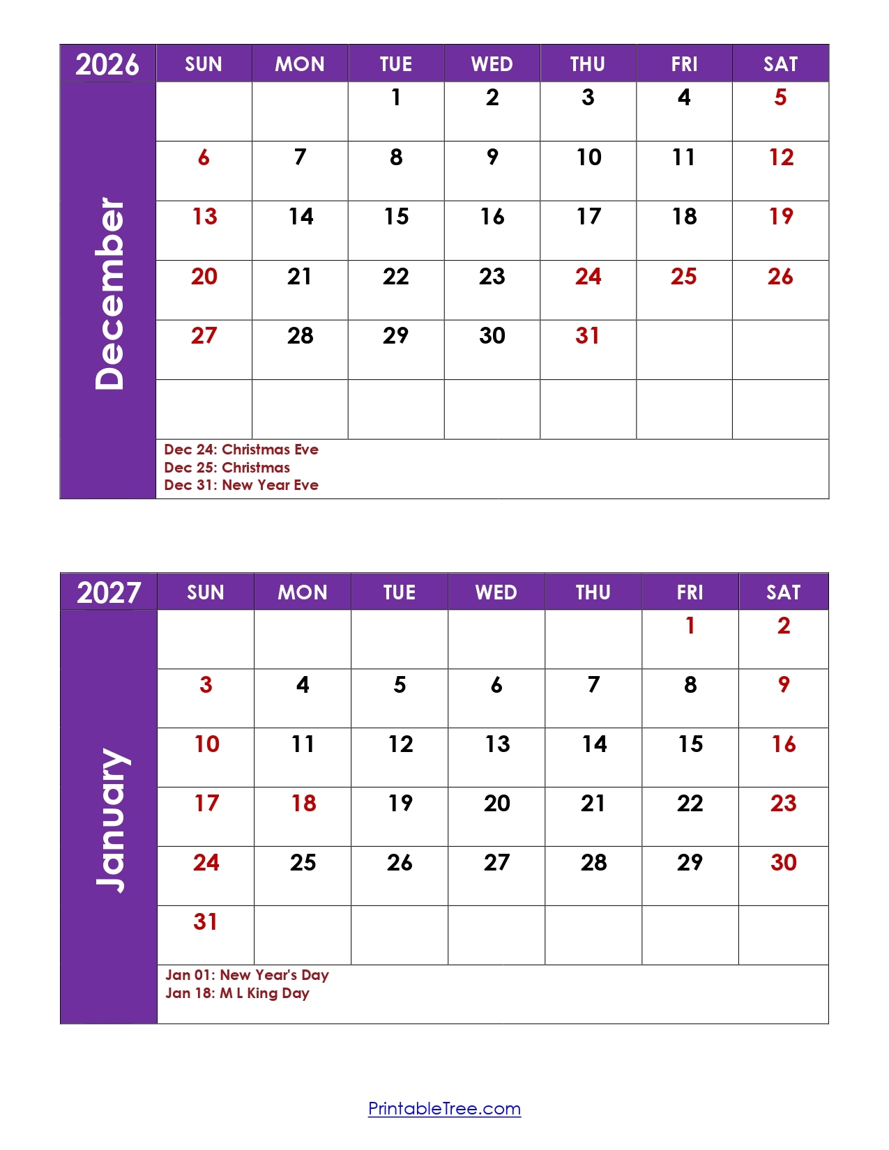 December 2026 And January 2027 Calendar Printable PDF 2 Month Calendar Template