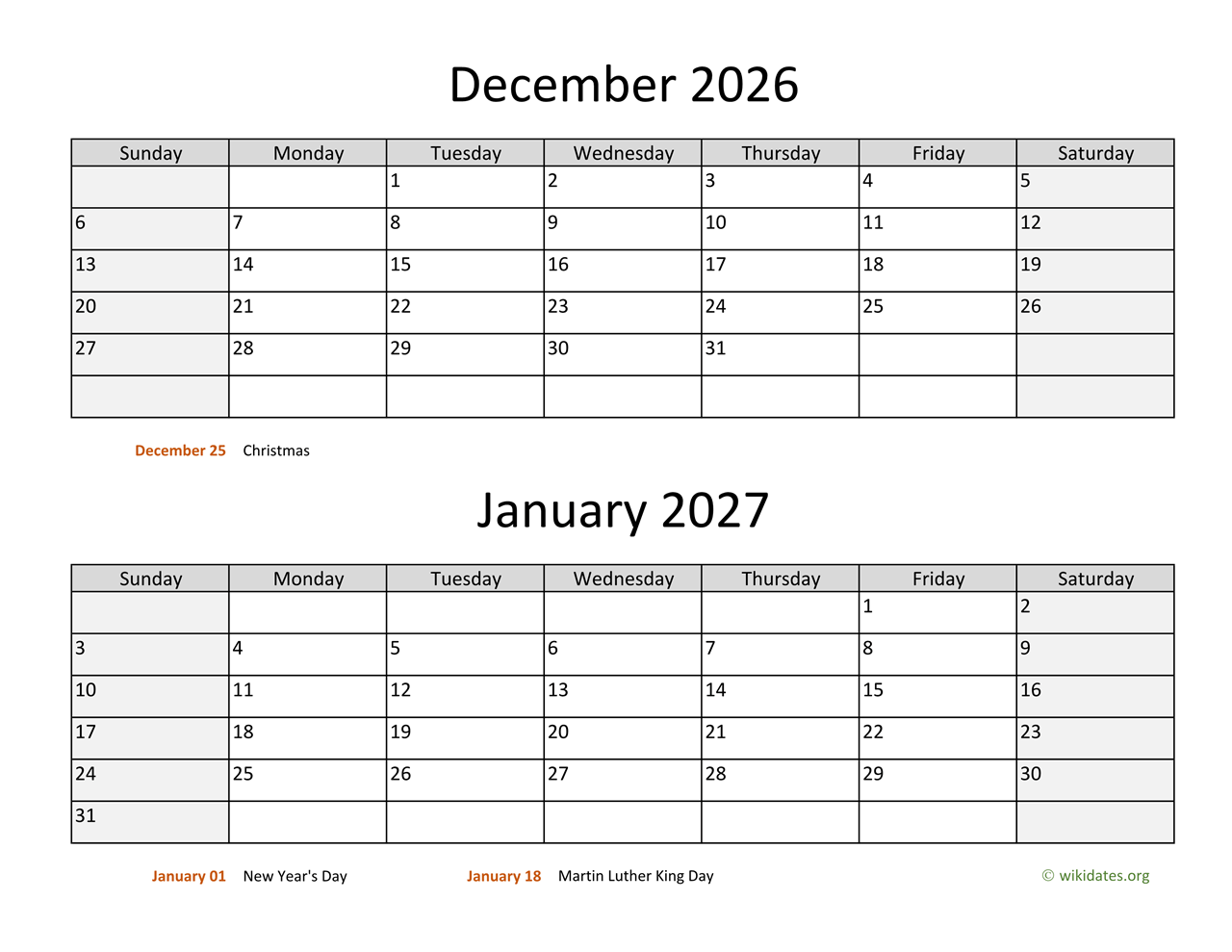 December 2026 And January 2026 Calendar To Print