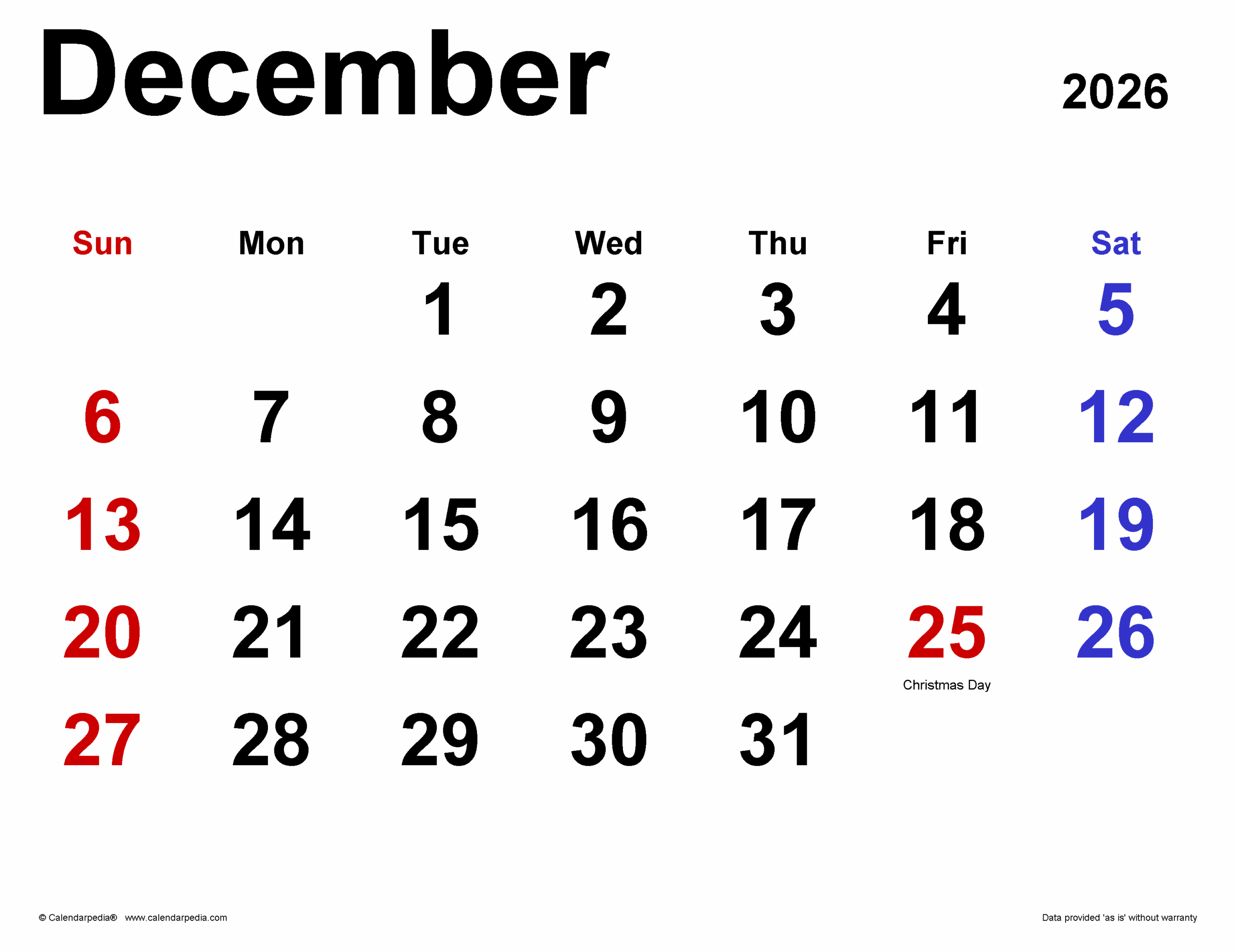 December 2026 Calendar Templates For PDF Excel And Word