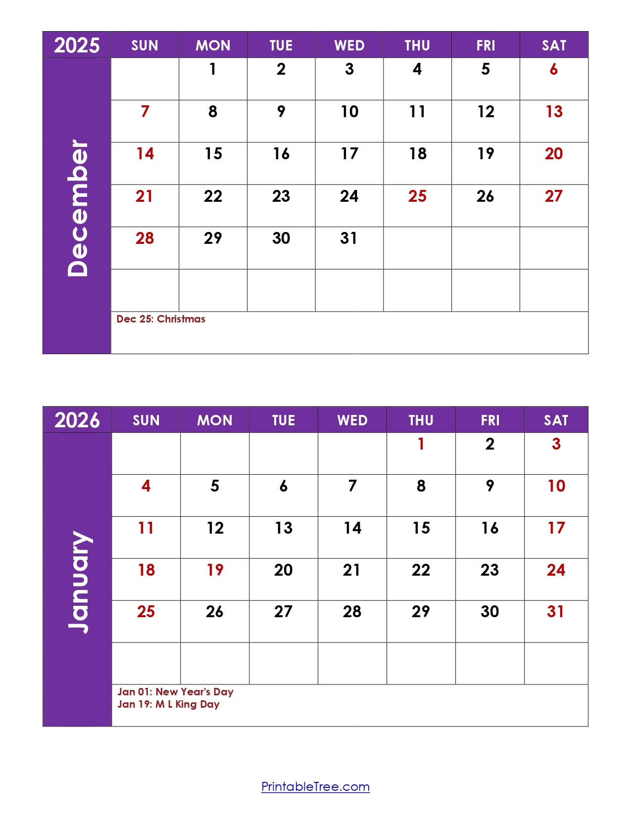 Holidays January 2026 Calendar