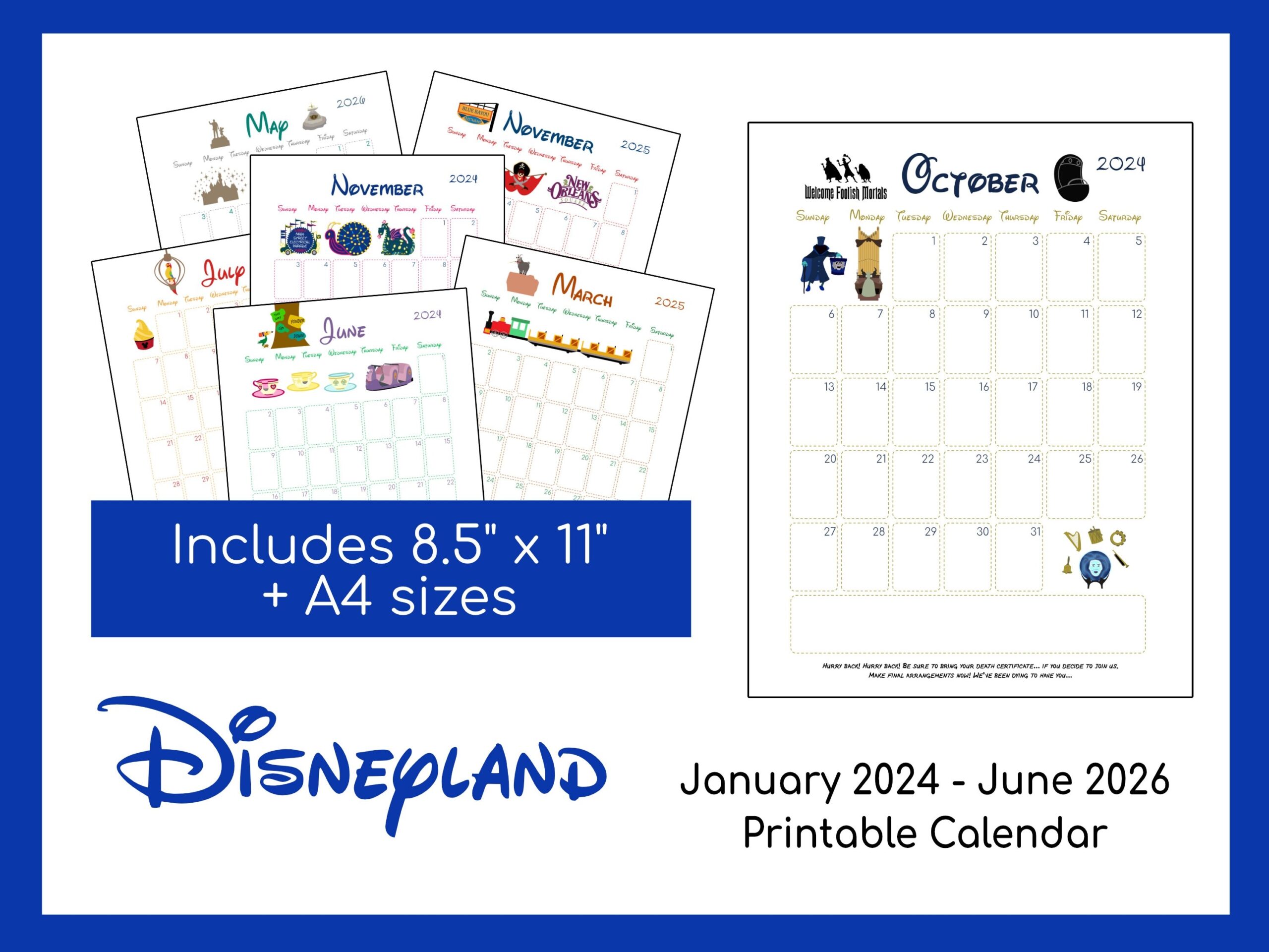 Disneyland Printable Calendar January 2024 June 2026 Instant 